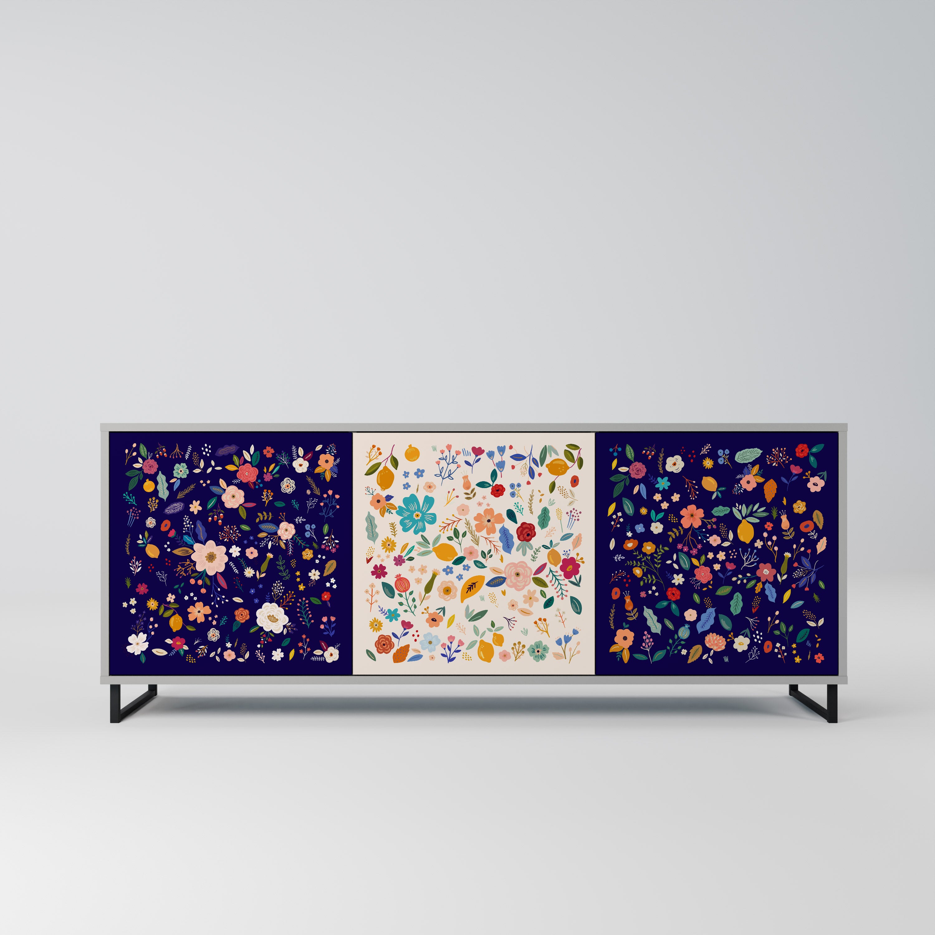 FLORAL COMBINATION 3-Door Sideboard in Grey Finish