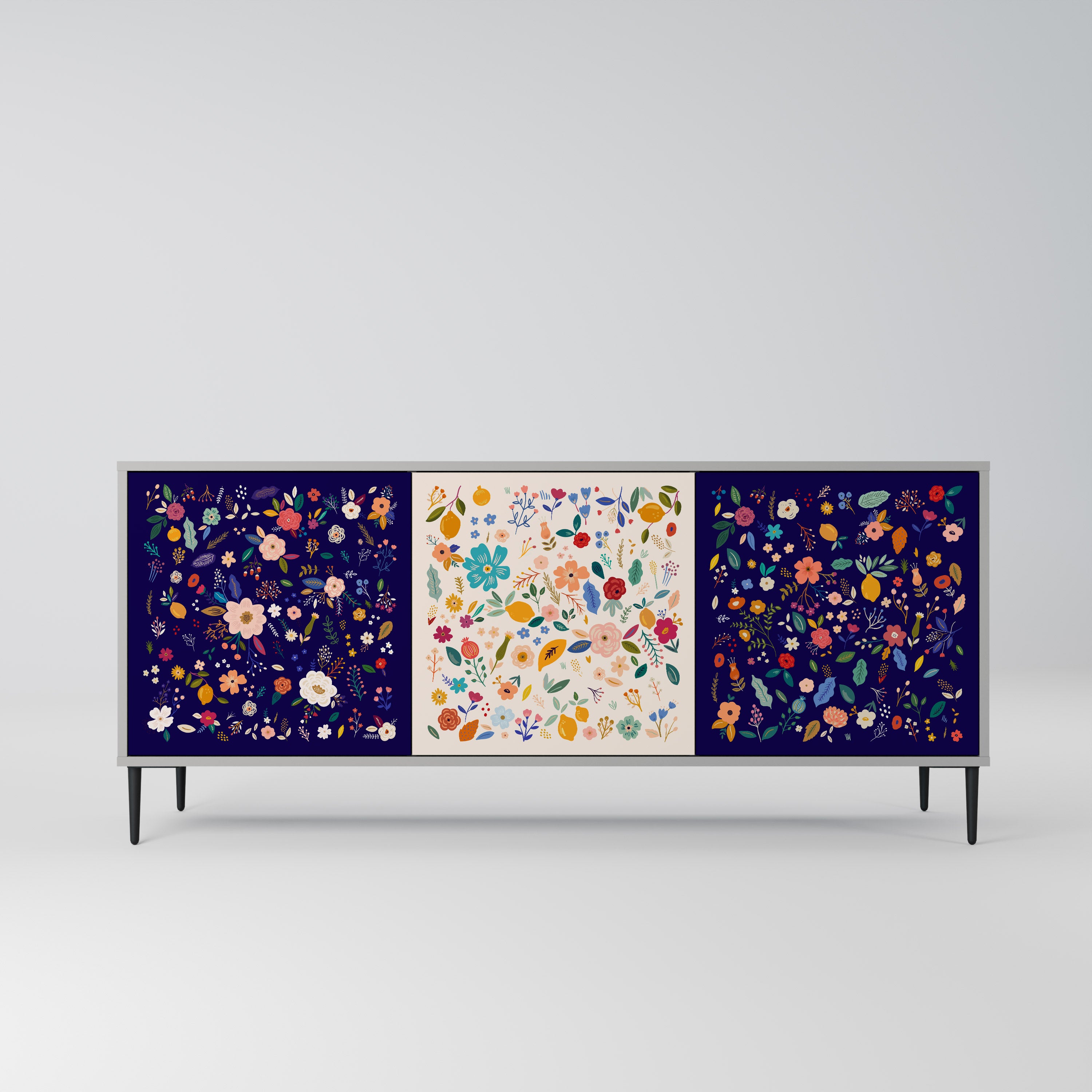 FLORAL COMBINATION 3-Door Sideboard in Grey Finish