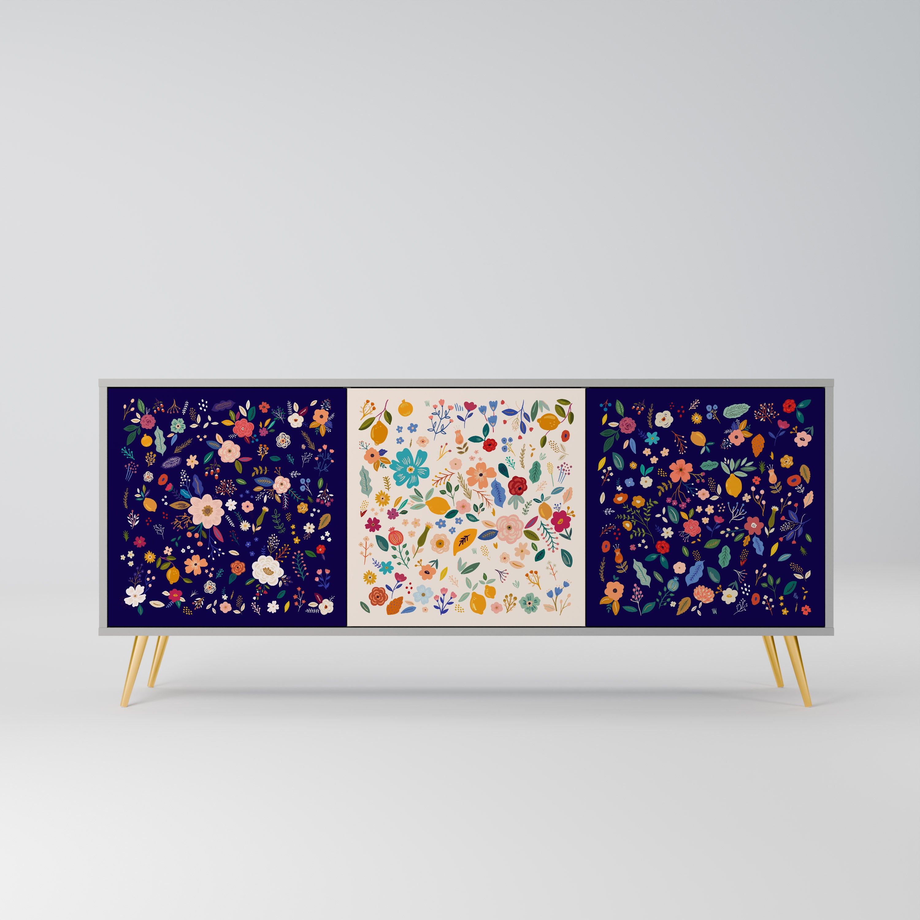 FLORAL COMBINATION 3-Door Sideboard in Grey Finish