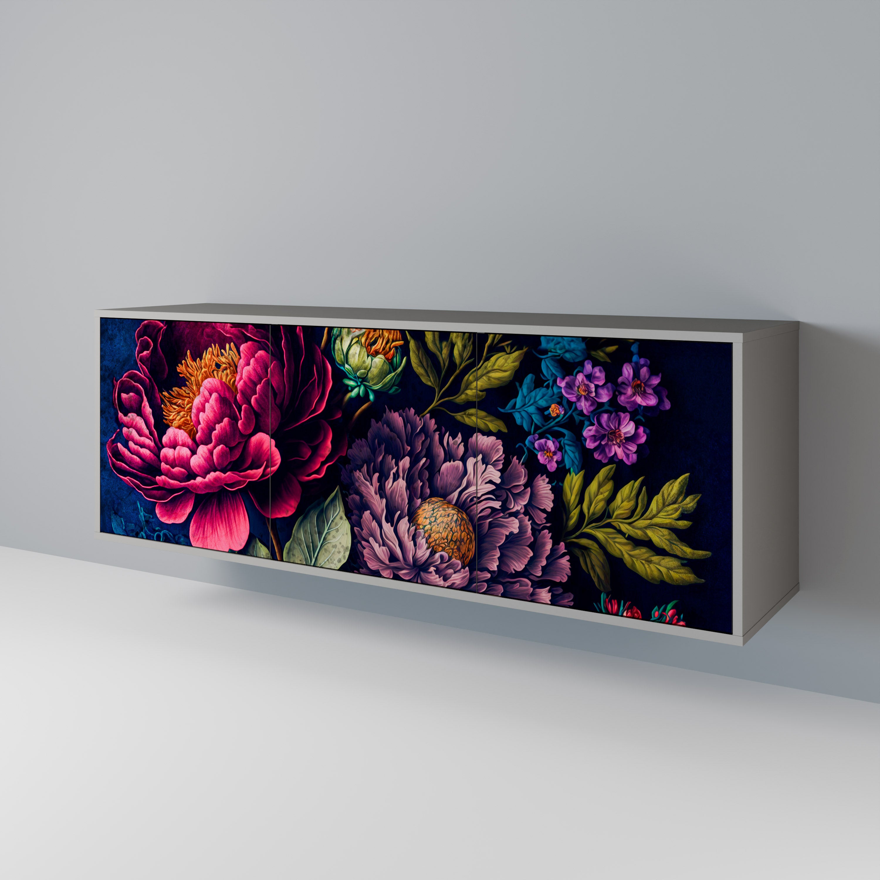 BLOOMING ELEGANCE 3-Door Sideboard in Grey Finish