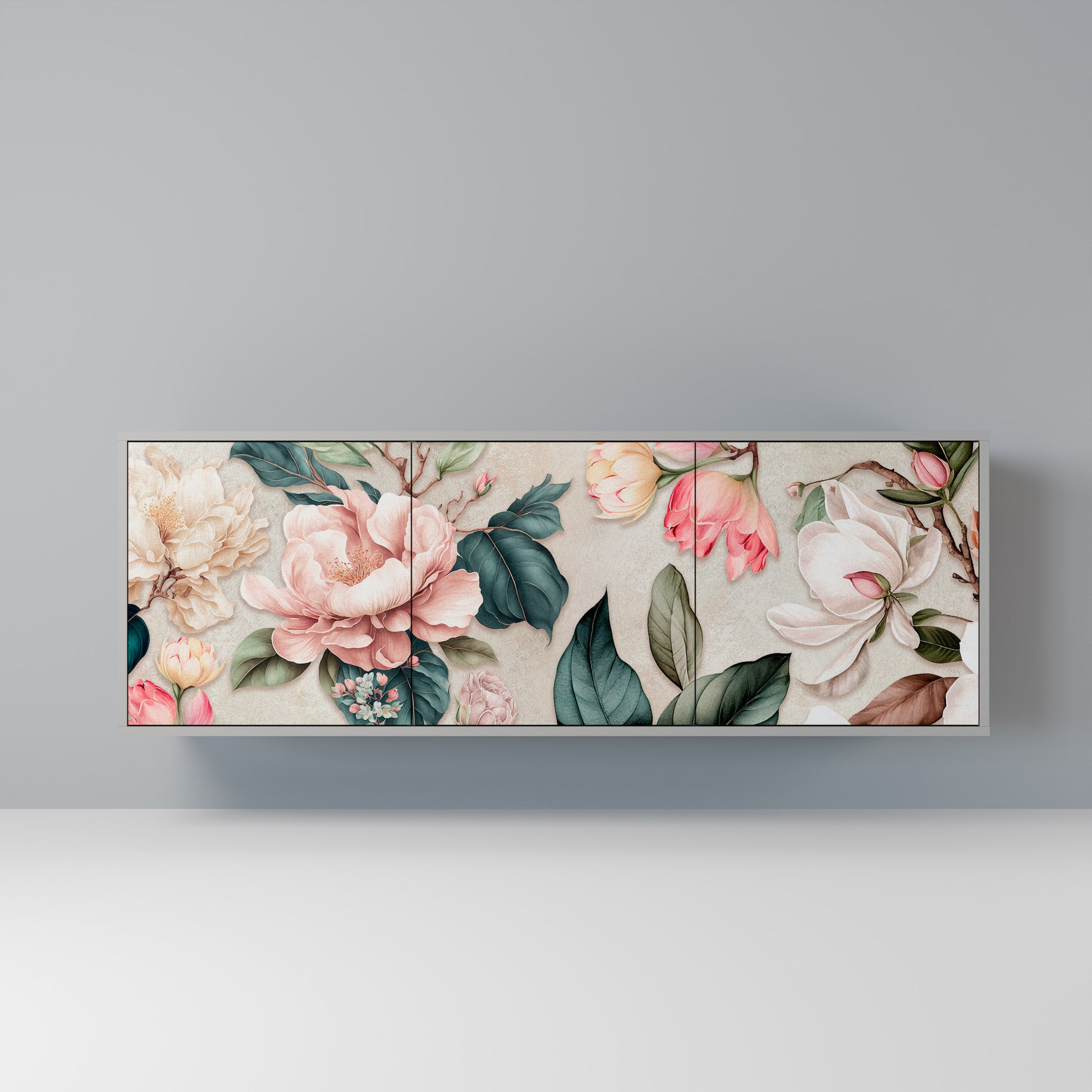 Aparador de 3 puertas FLORAL GRACE en acabado gris