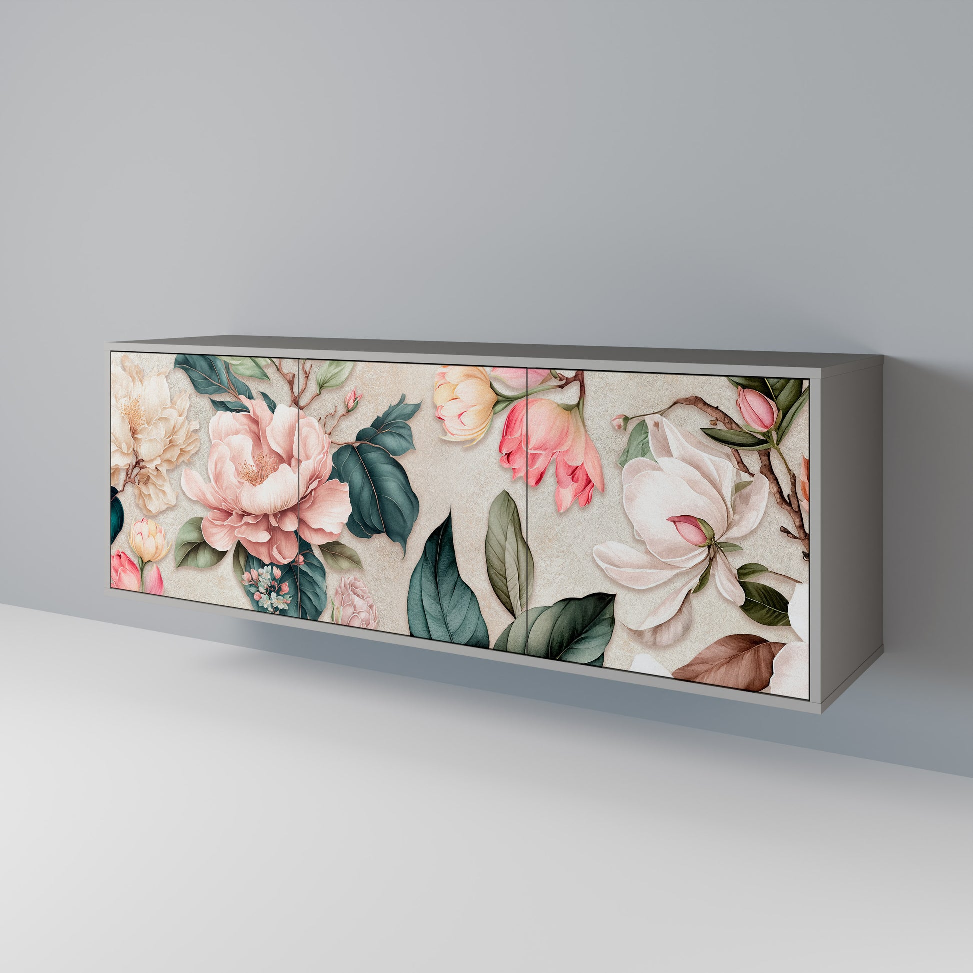 Aparador de 3 puertas FLORAL GRACE en acabado gris