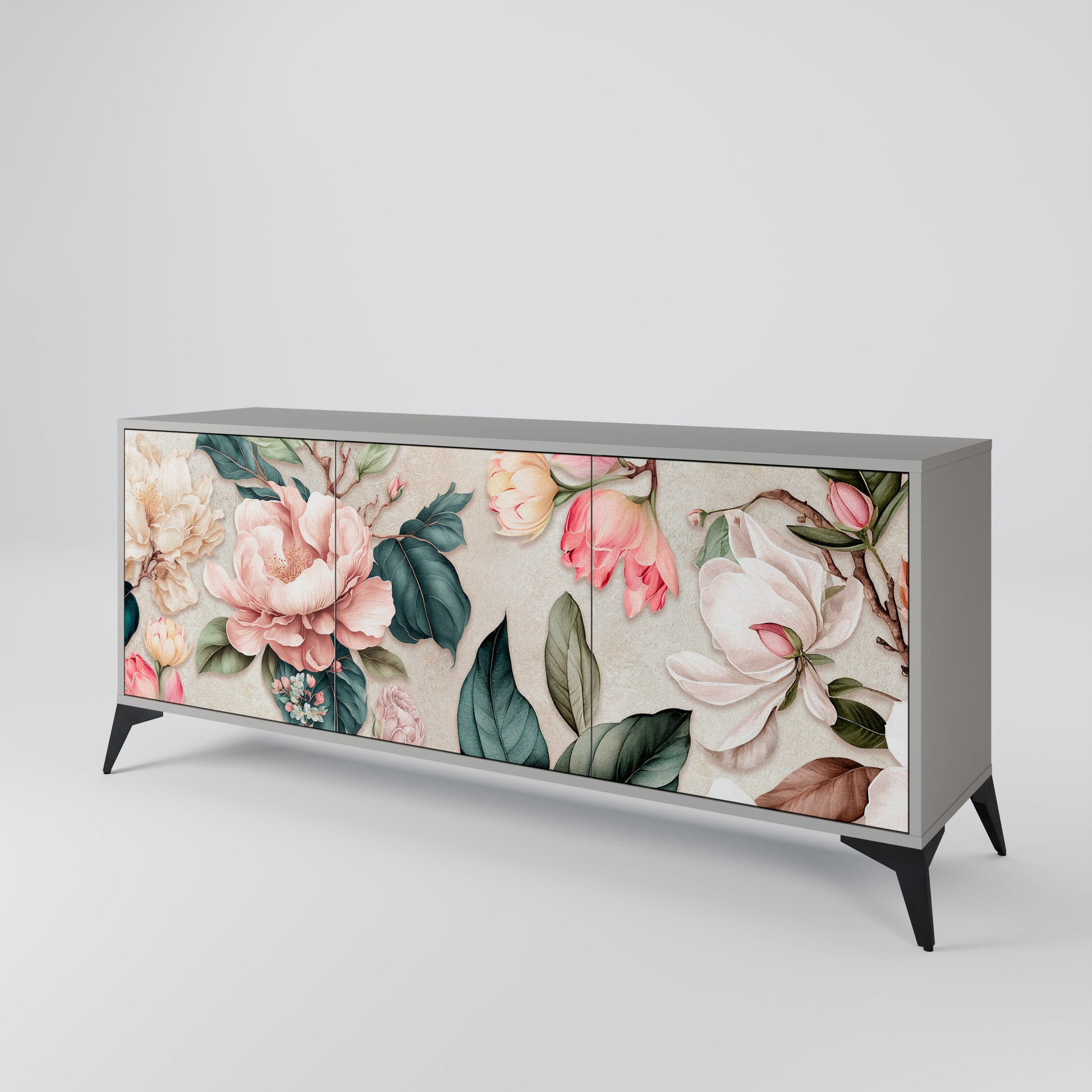 Aparador de 3 puertas FLORAL GRACE en acabado gris