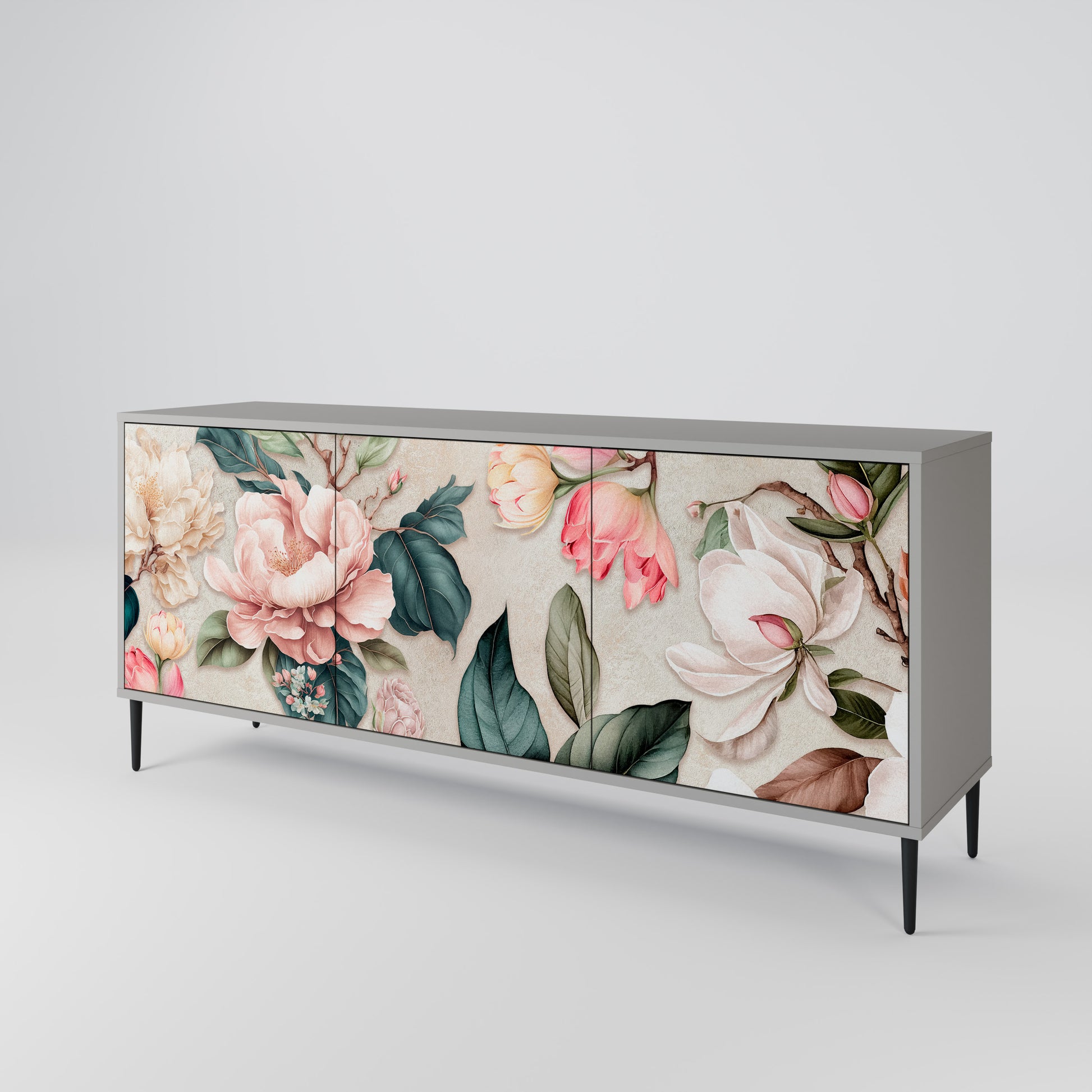 Aparador de 3 puertas FLORAL GRACE en acabado gris