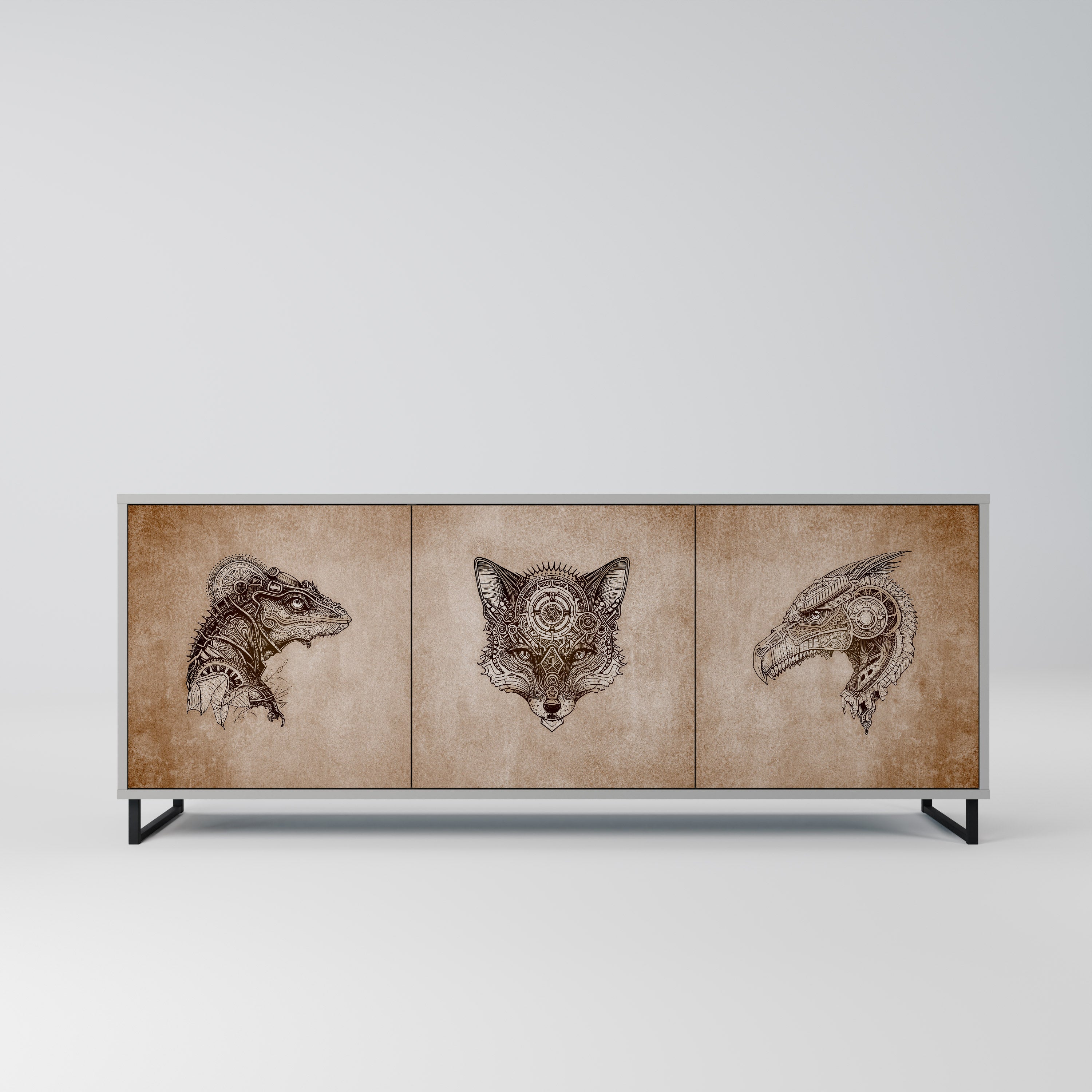 STEAMPUNK CLAN 3-Door Sideboard in Grey Finish