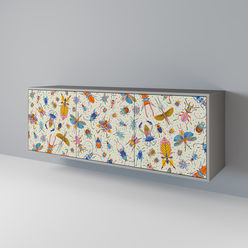 Aparador de 3 puertas COLORFUL INSECTS en acabado gris