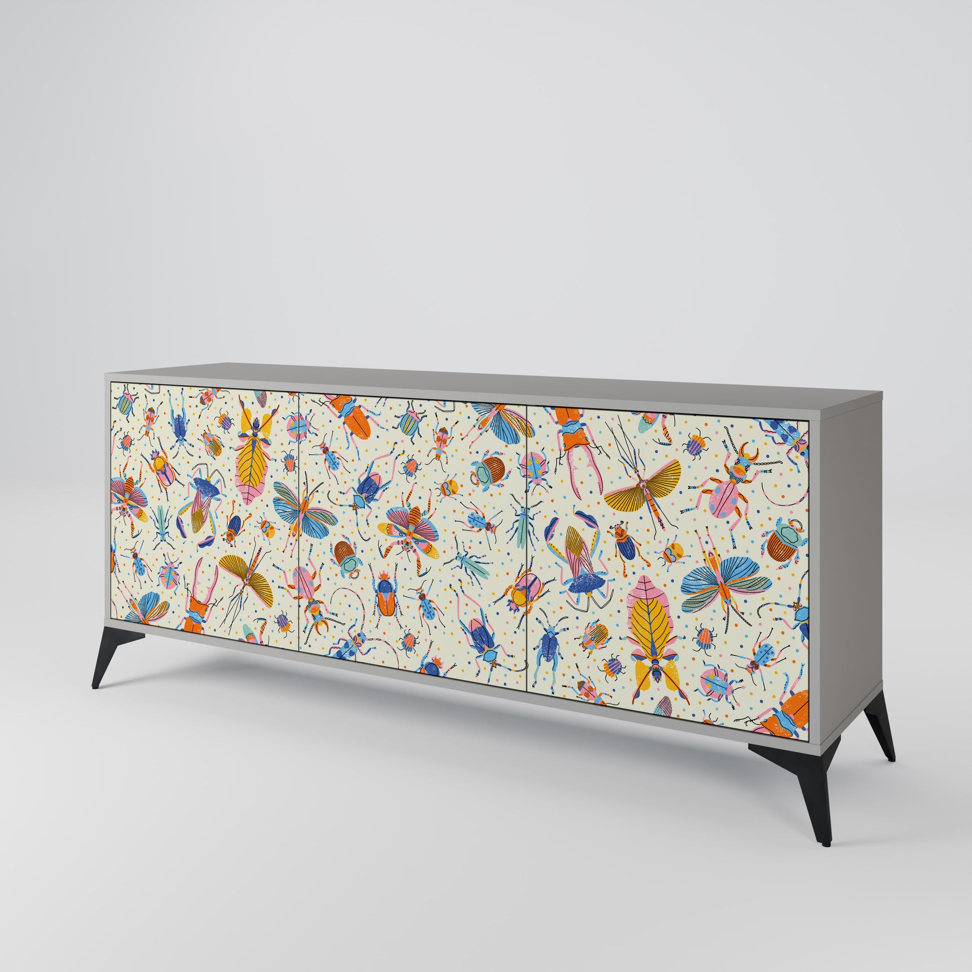 COLORFUL INSECTS 3-Door Sideboard in Grey Finish