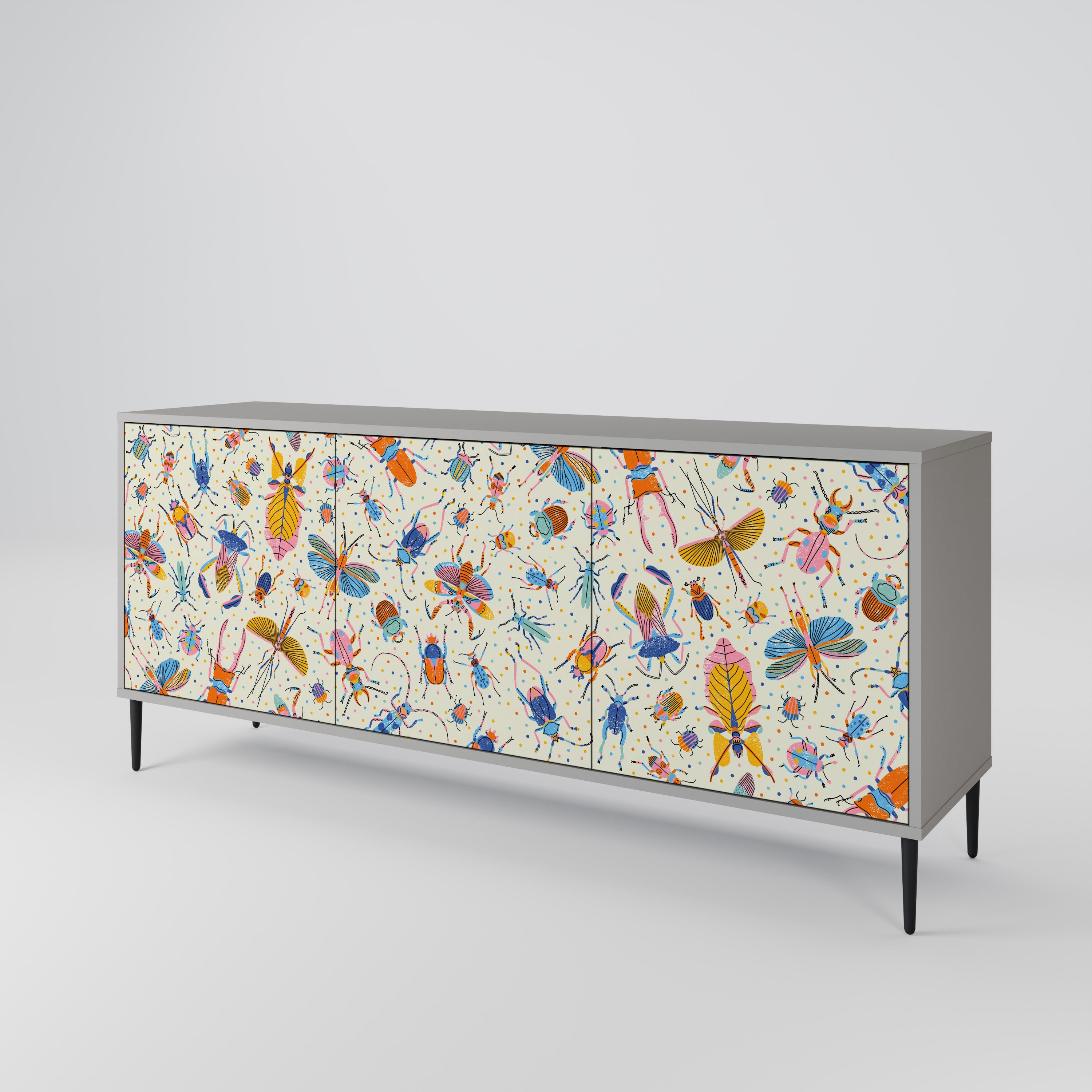 COLORFUL INSECTS 3-Door Sideboard in Grey Finish
