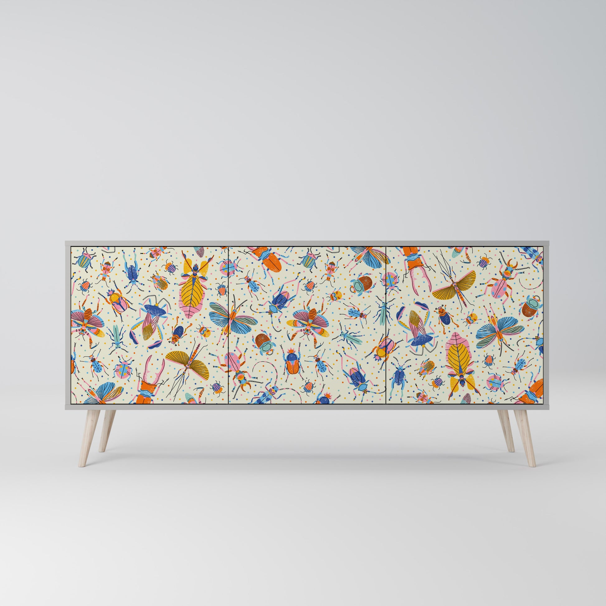 COLORFUL INSECTS 3-Door Sideboard in Grey Finish