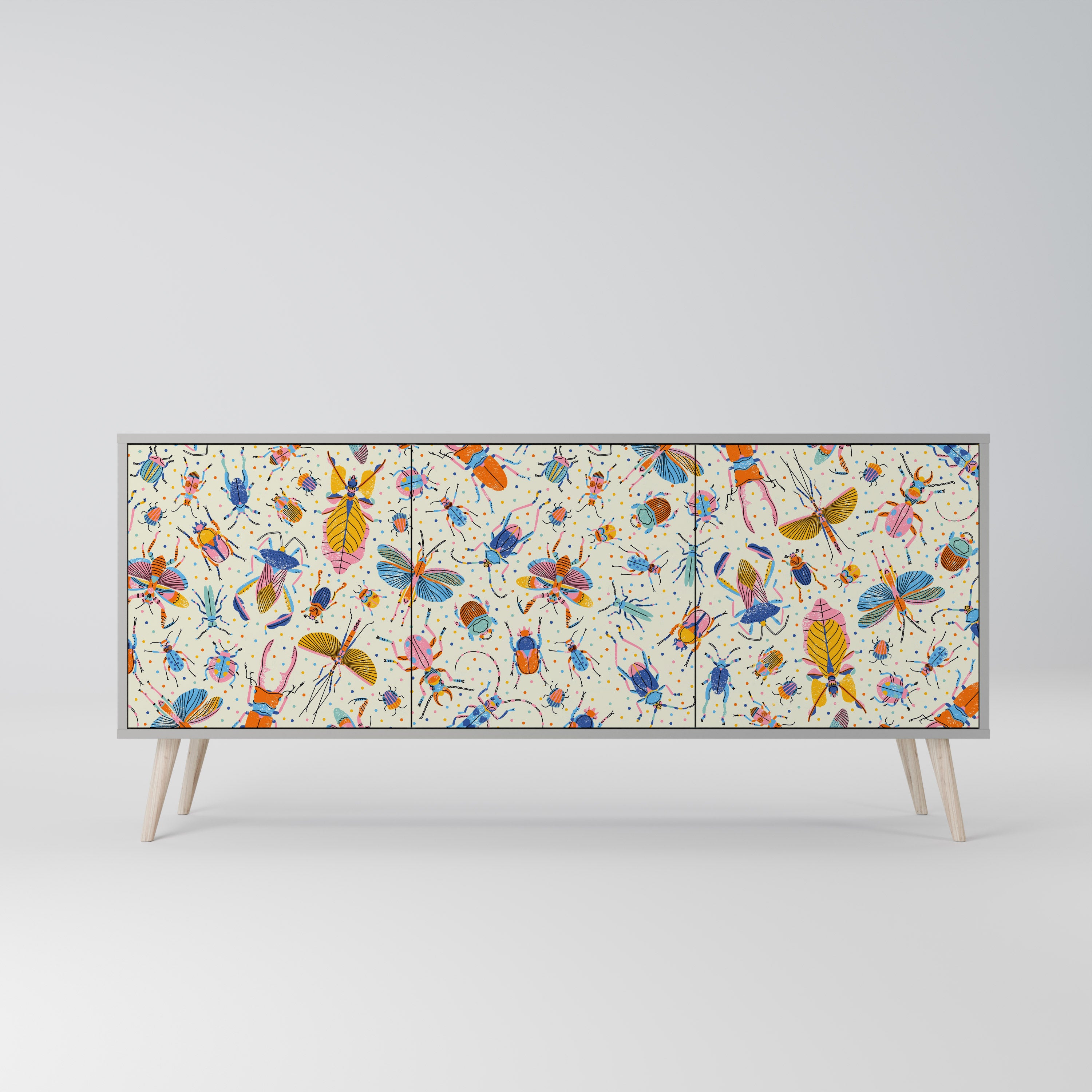 COLORFUL INSECTS 3-Door Sideboard in Grey Finish