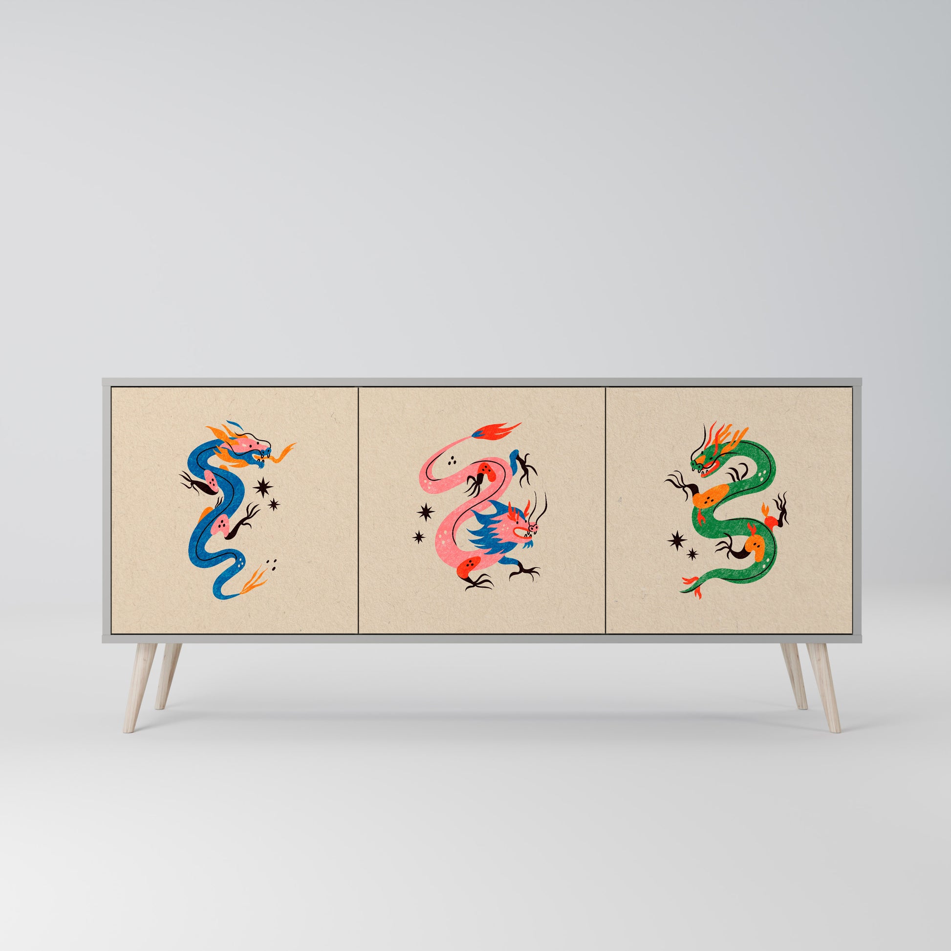 MYTHOLOGICAL CREATURES 3-Door Sideboard in Grey Finish