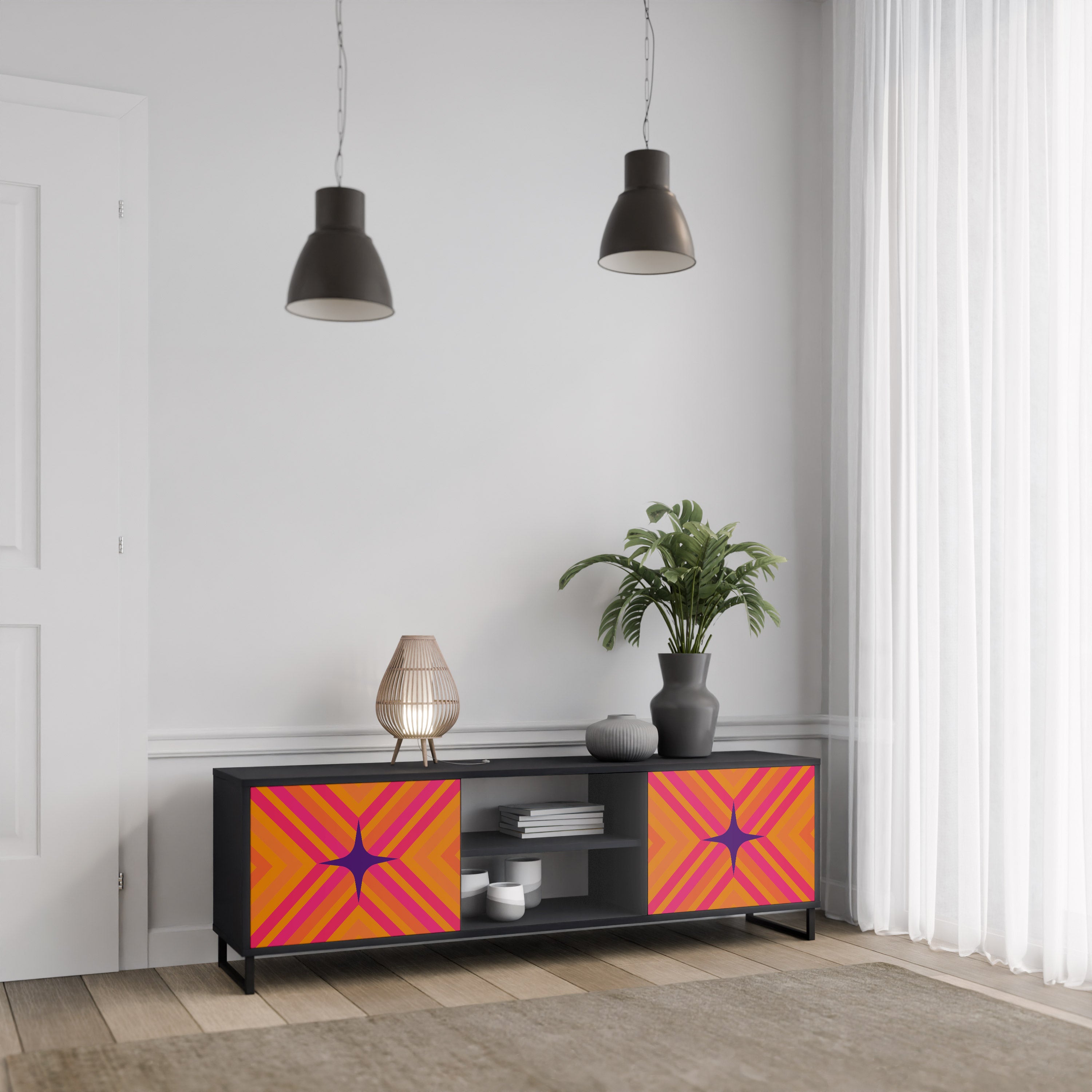 Mueble de TV de 2 puertas GEOMETRIC BRILLIANCE en acabado negro