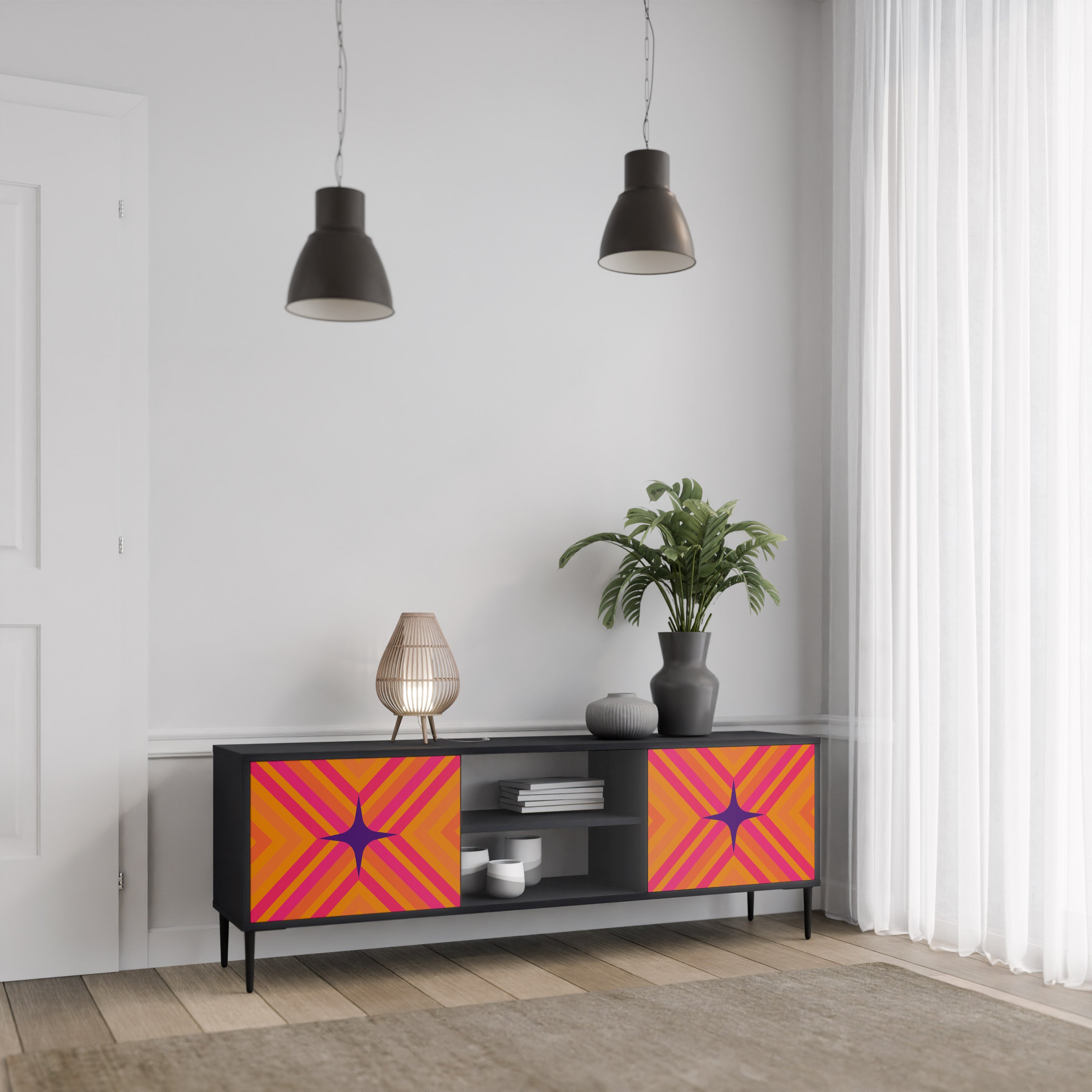 Mueble de TV de 2 puertas GEOMETRIC BRILLIANCE en acabado negro