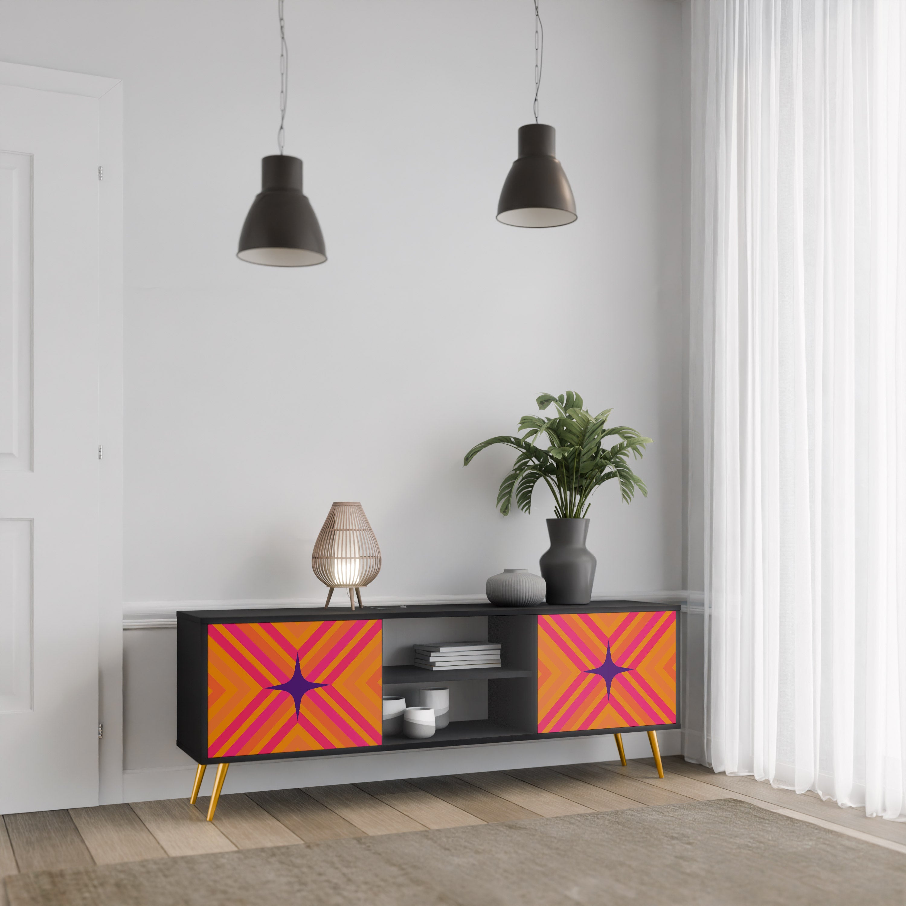 Mueble de TV de 2 puertas GEOMETRIC BRILLIANCE en acabado negro