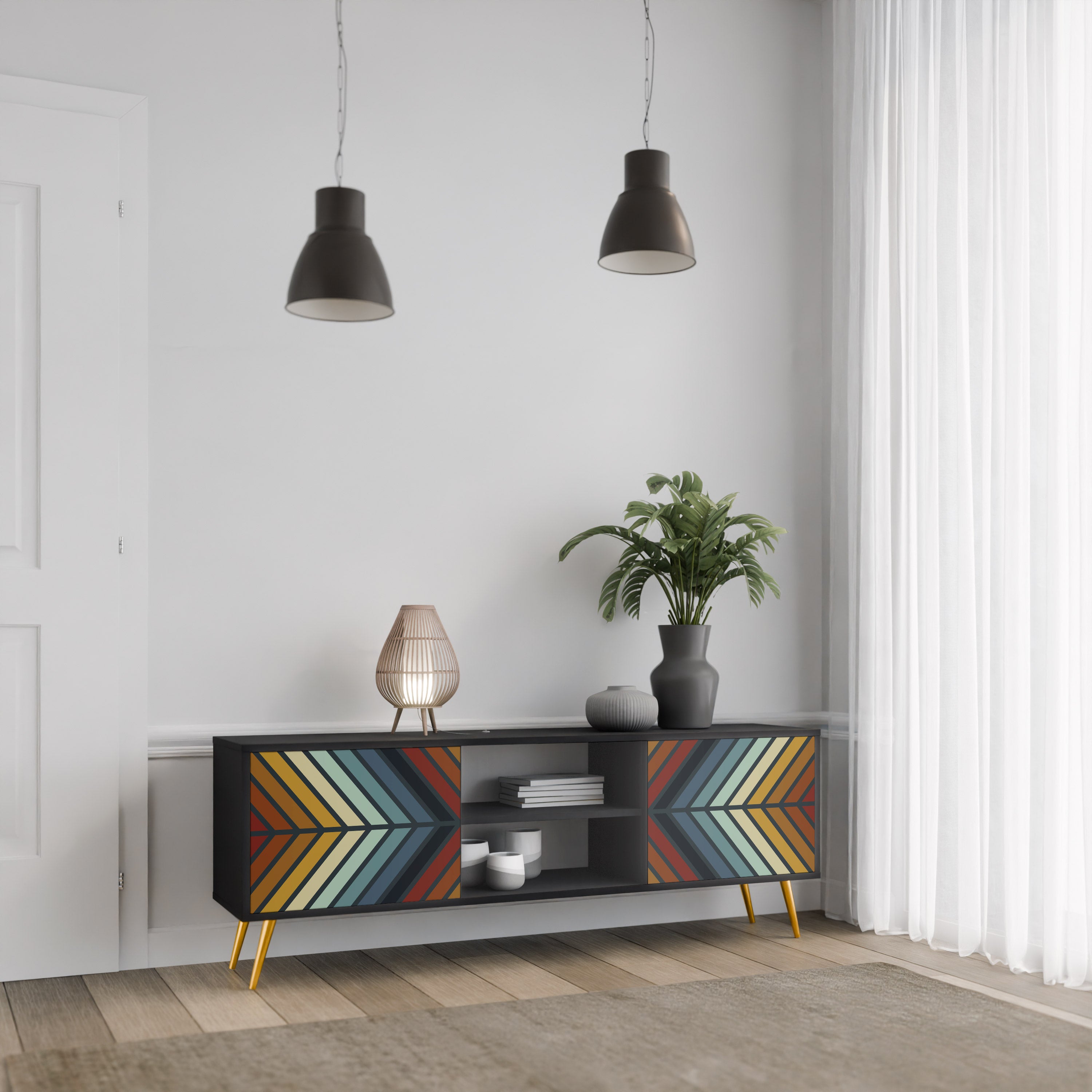 Mueble de TV INDIGENOUS ZIGZAG de 2 puertas con acabado negro