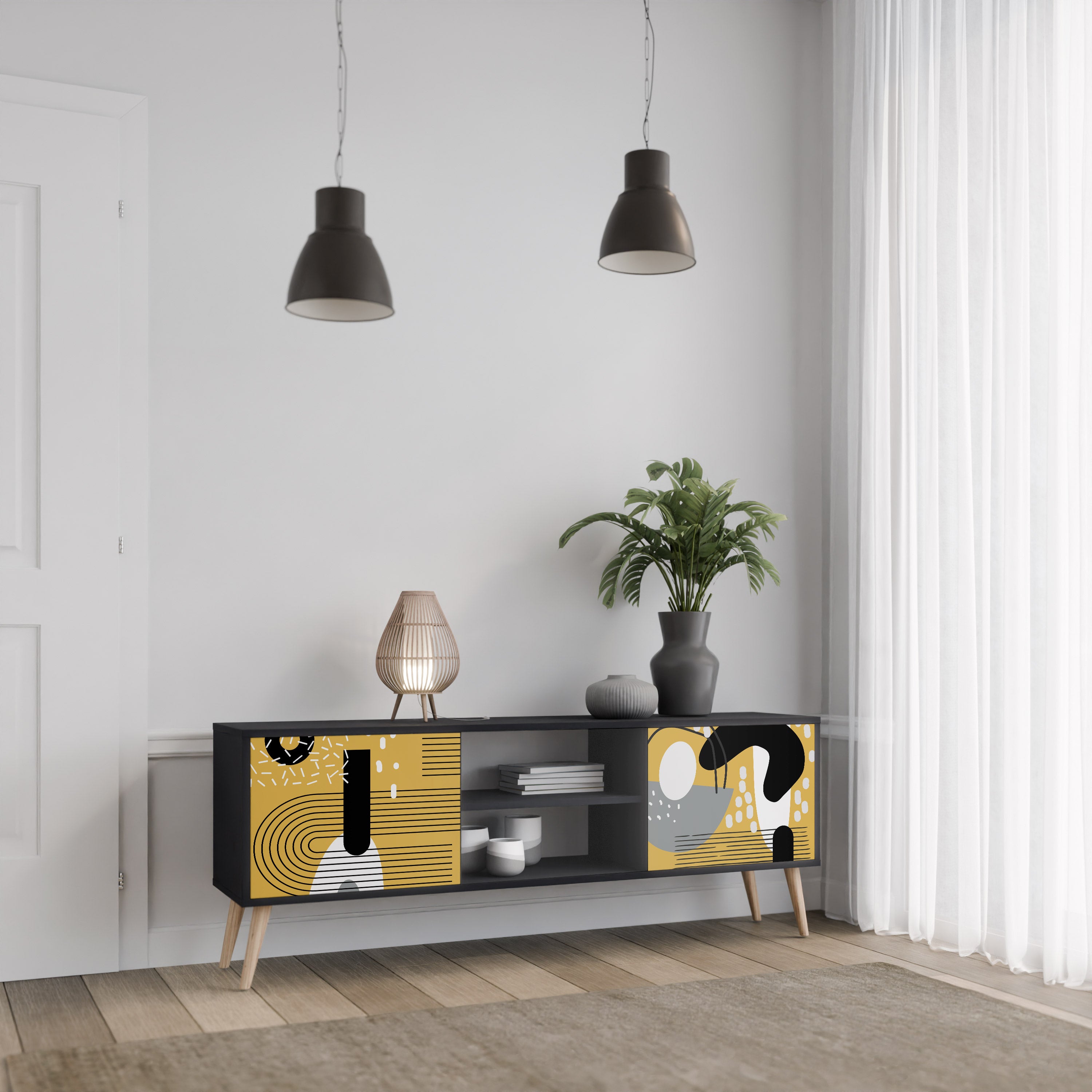 Mueble de TV de 2 puertas SHAPESHIFT SYMPHONY con acabado negro