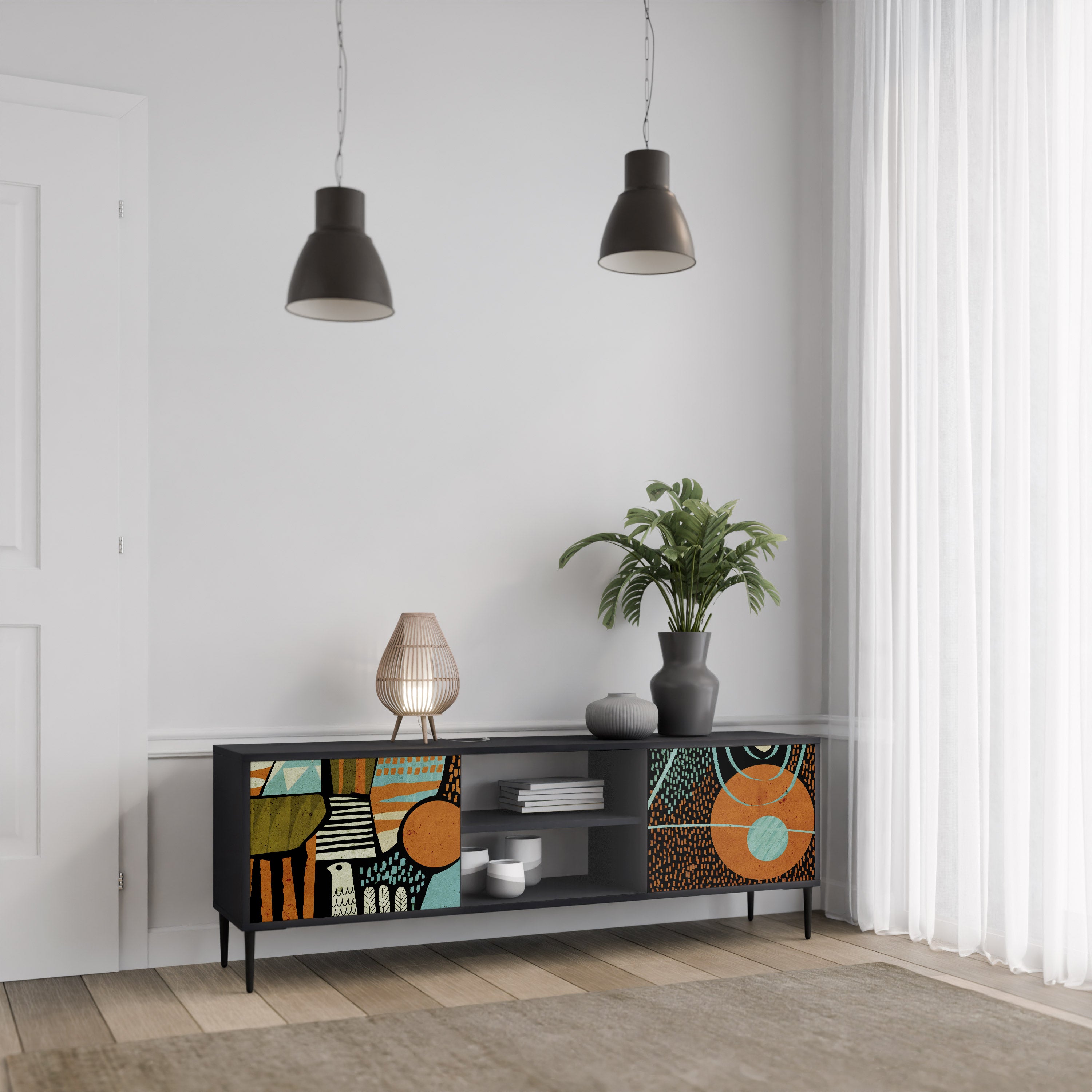 Mueble de TV de 2 puertas GEODE GLIMMER con acabado negro