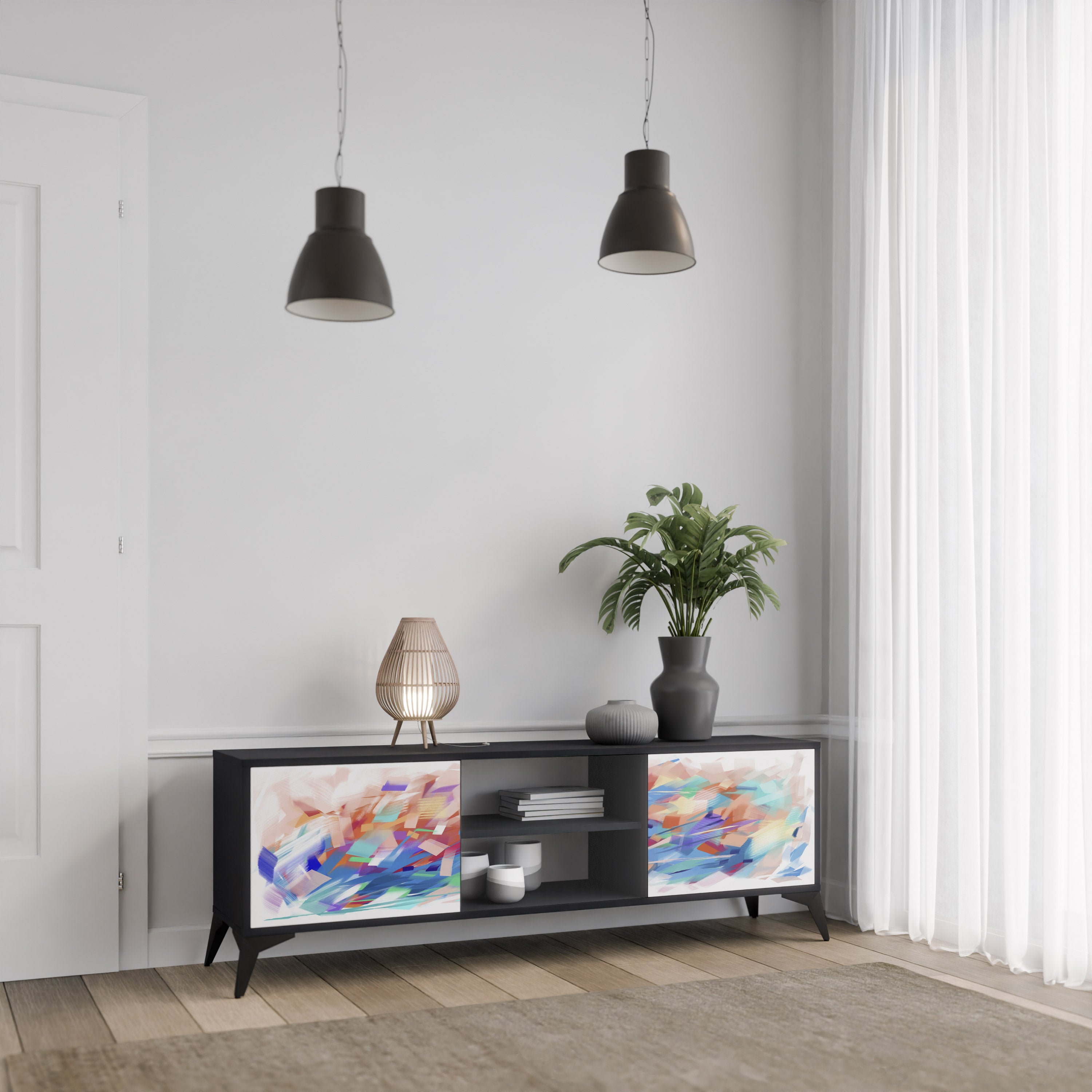 Mueble de TV de 2 puertas FINESSE MASH-UP con acabado negro