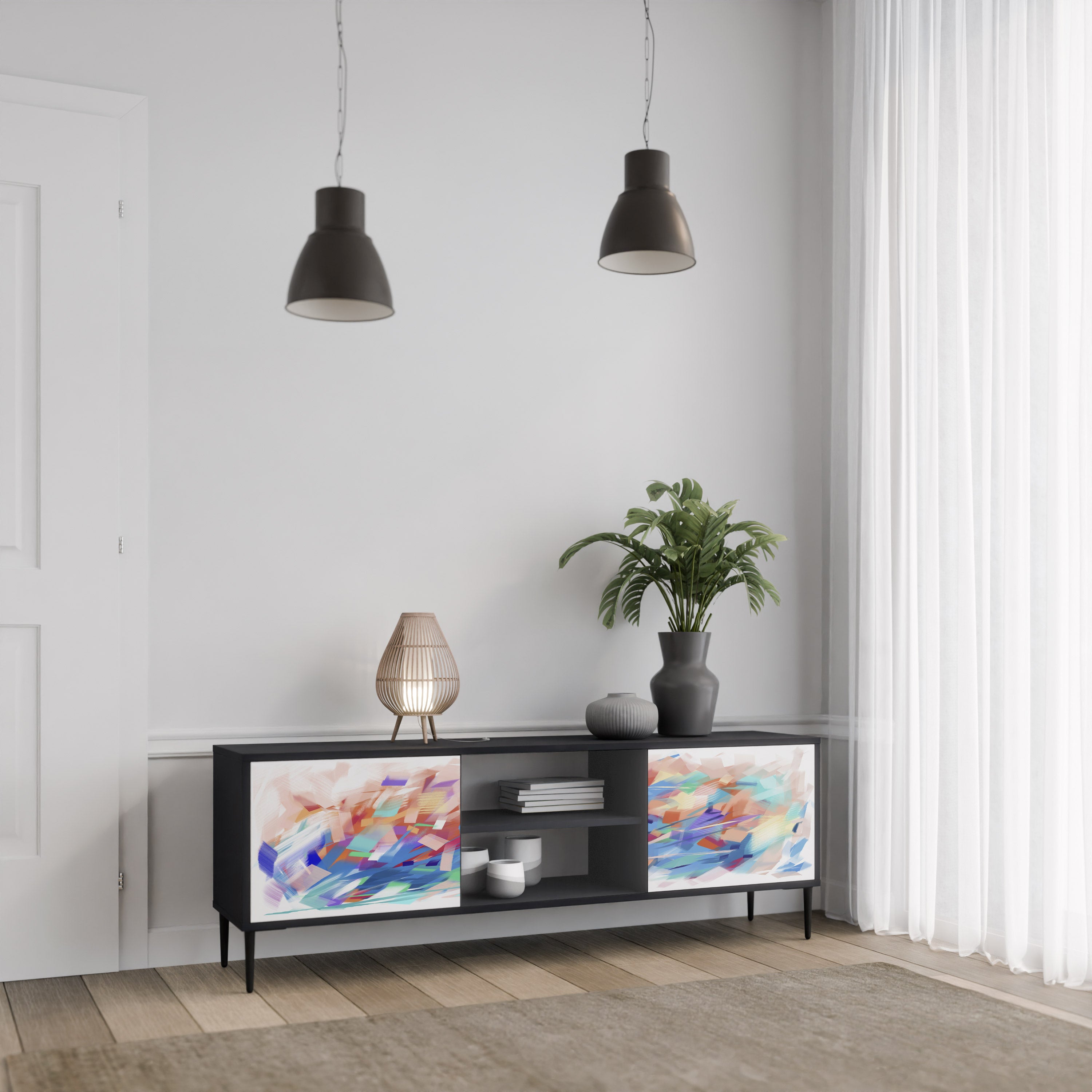 Mueble de TV de 2 puertas FINESSE MASH-UP con acabado negro