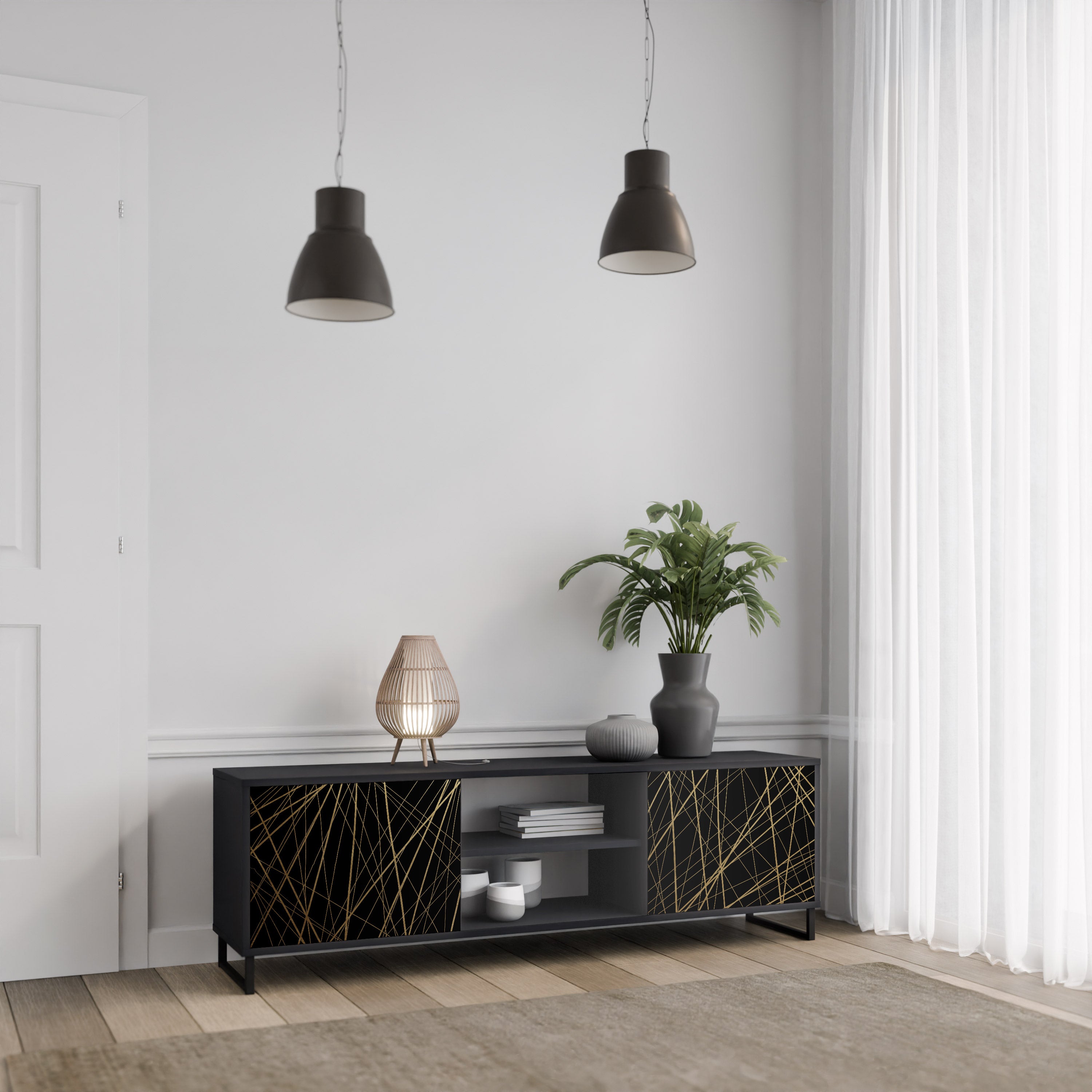 Mueble para TV de 2 puertas BRIGHT MESH con acabado negro