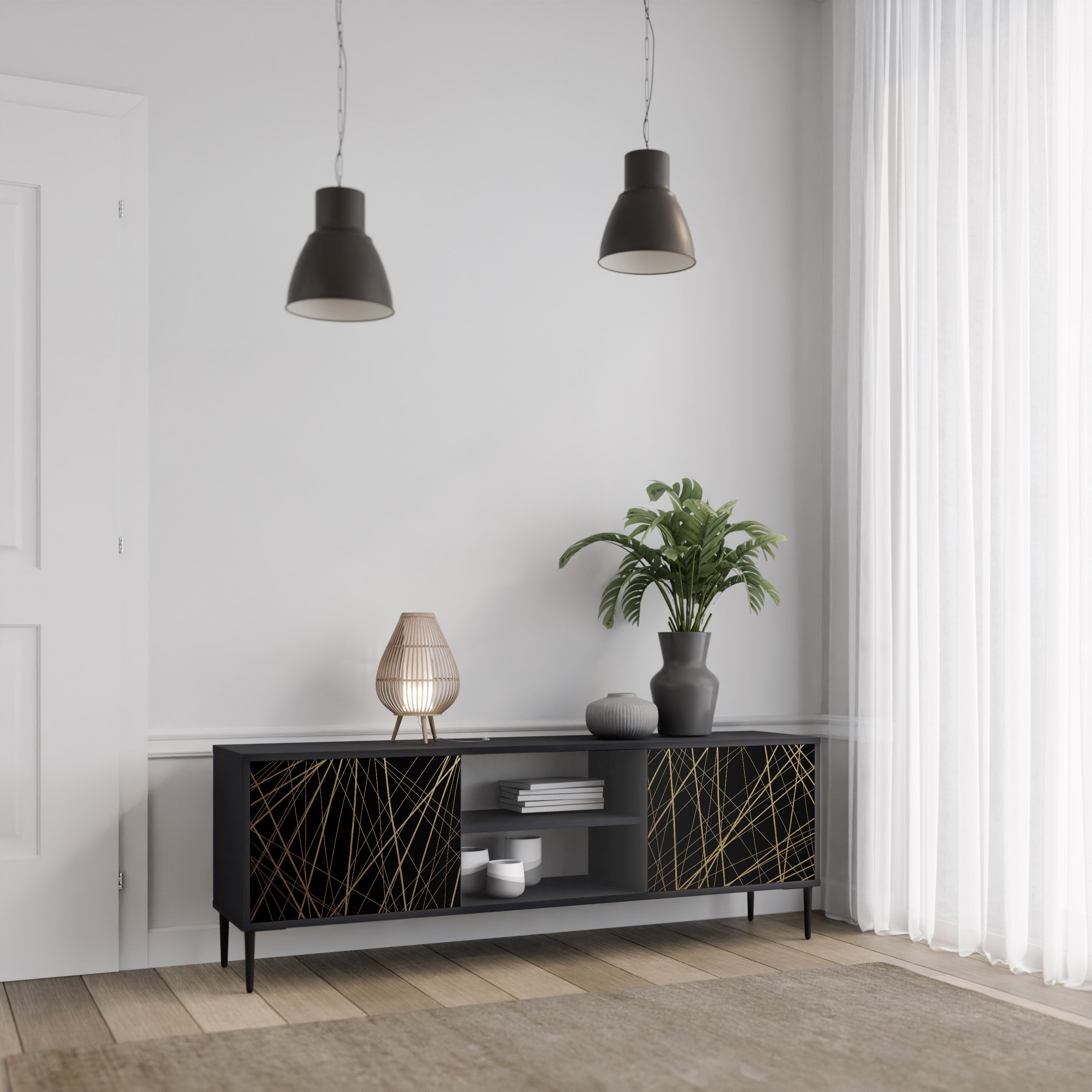 Mueble para TV de 2 puertas BRIGHT MESH con acabado negro