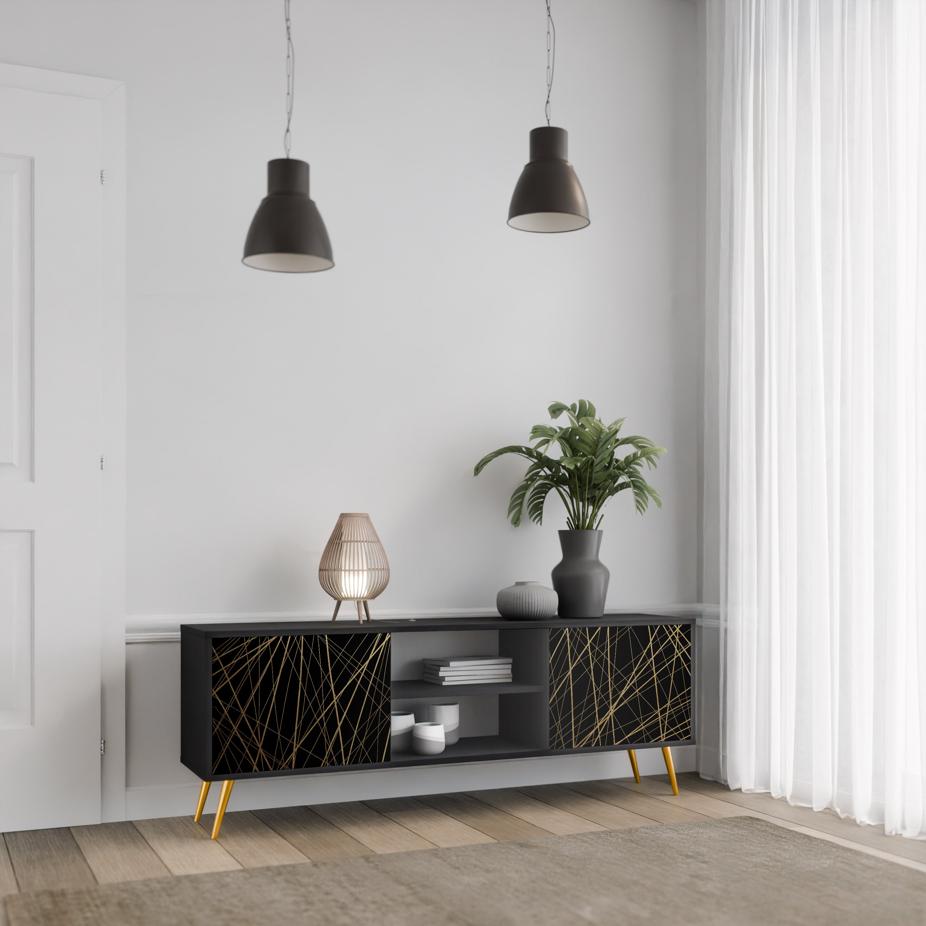 Mueble para TV de 2 puertas BRIGHT MESH con acabado negro