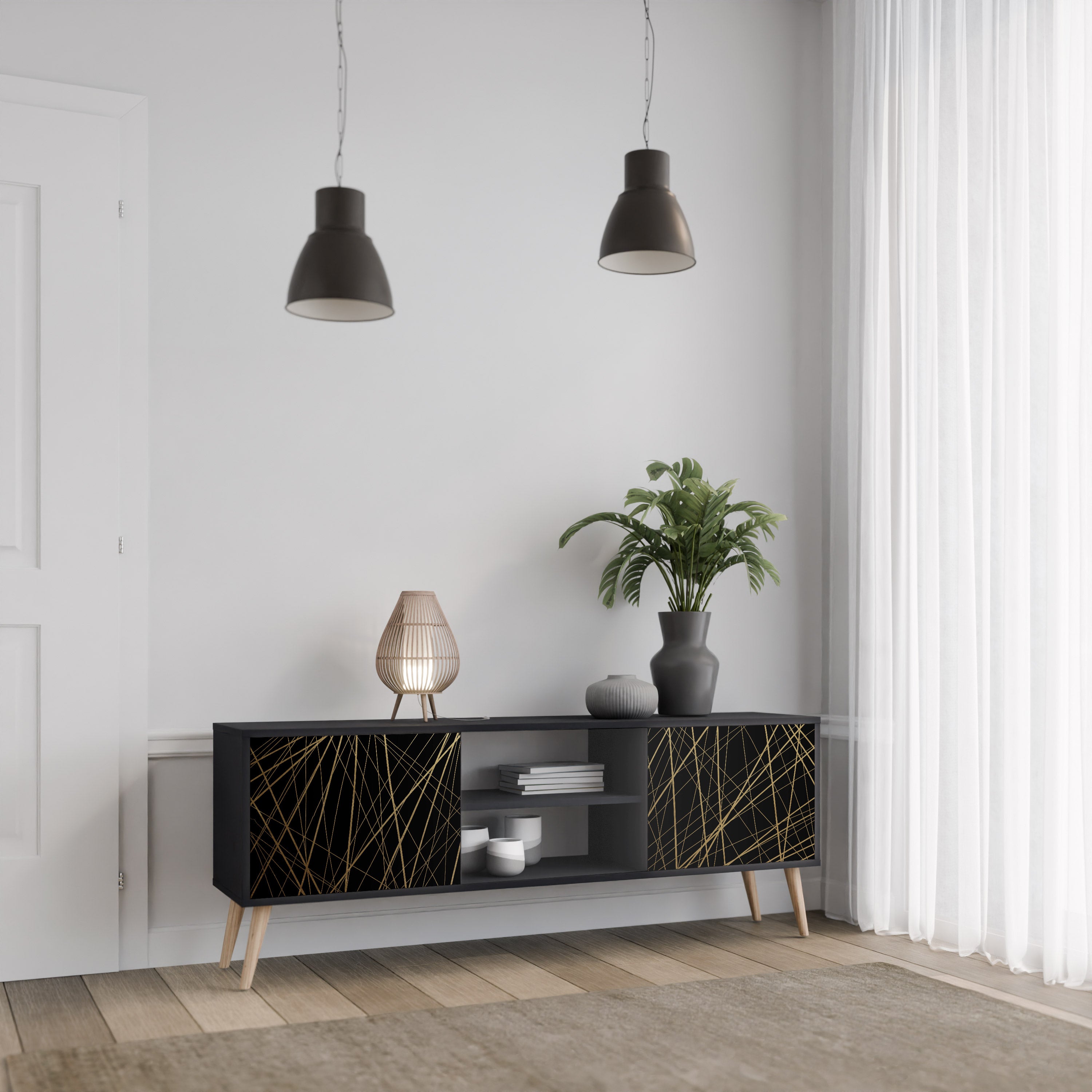 Mueble para TV de 2 puertas BRIGHT MESH con acabado negro