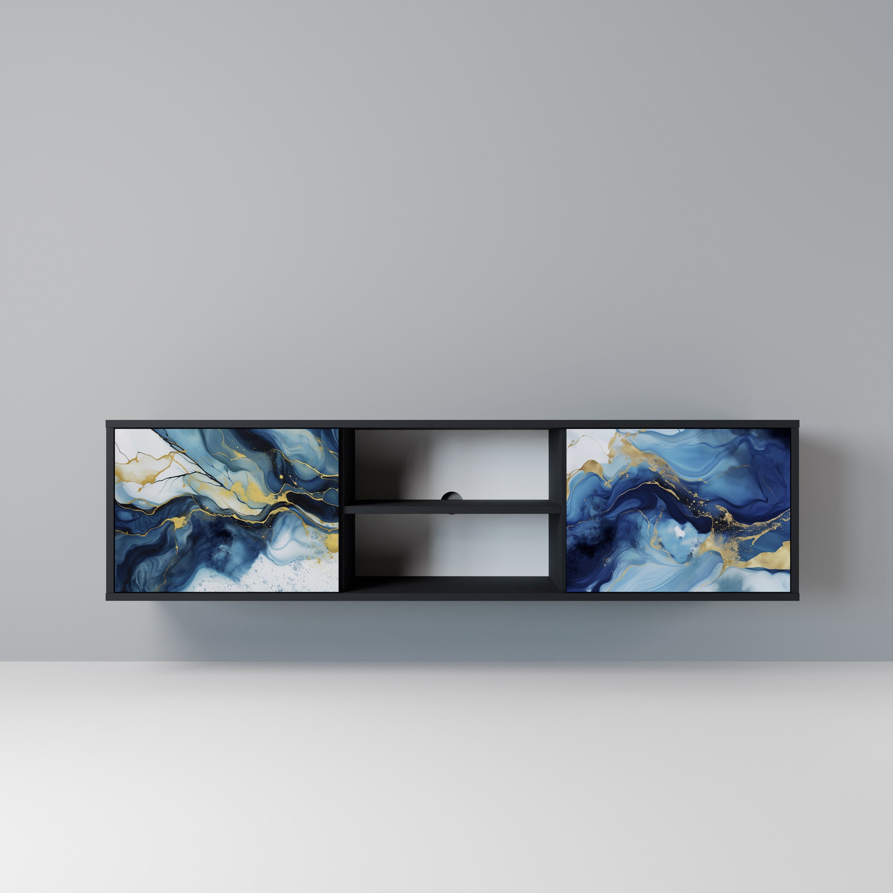 Mueble de TV de 2 puertas INKY MARBLE con acabado negro