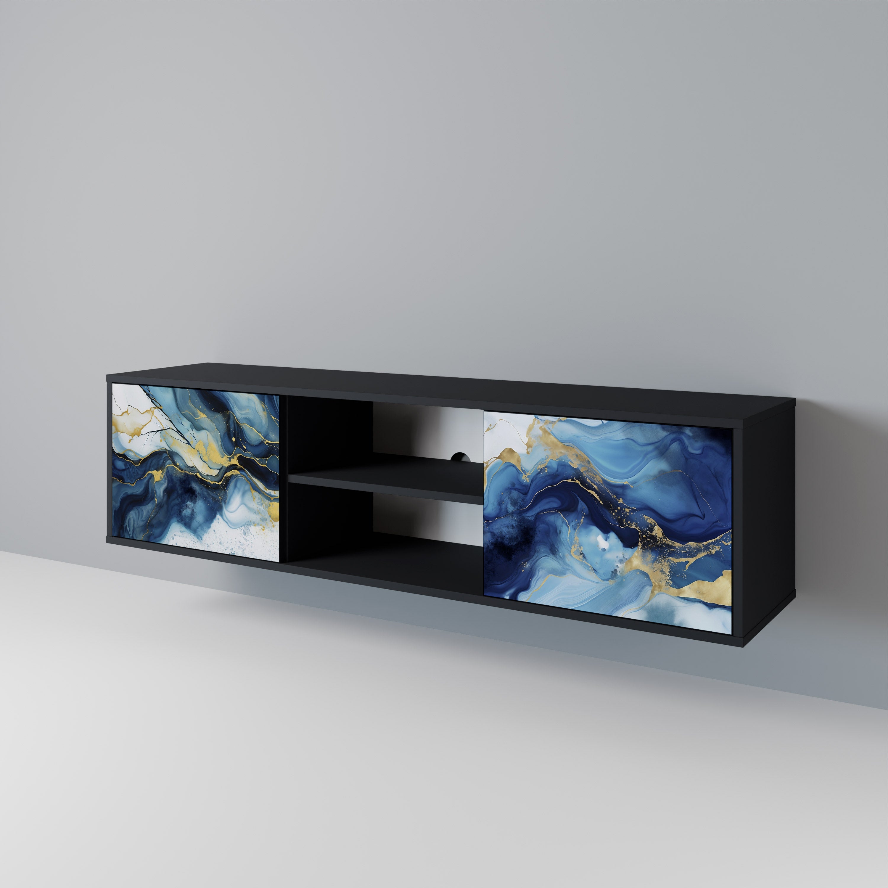 Mueble de TV de 2 puertas INKY MARBLE con acabado negro