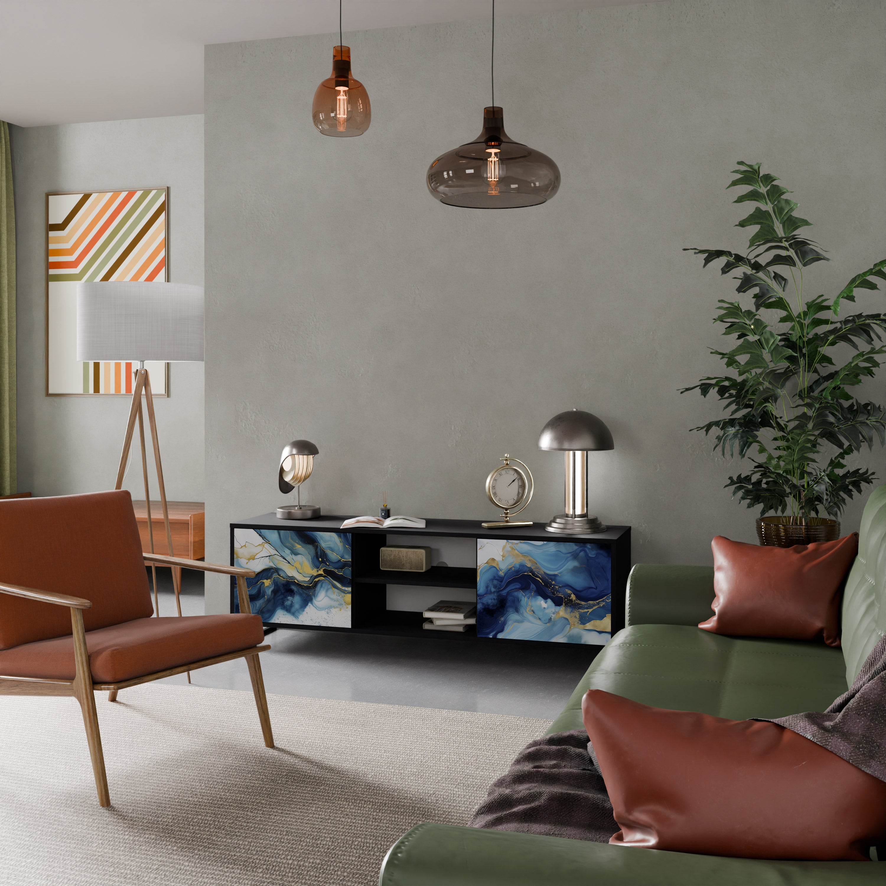 Mueble de TV de 2 puertas INKY MARBLE con acabado negro