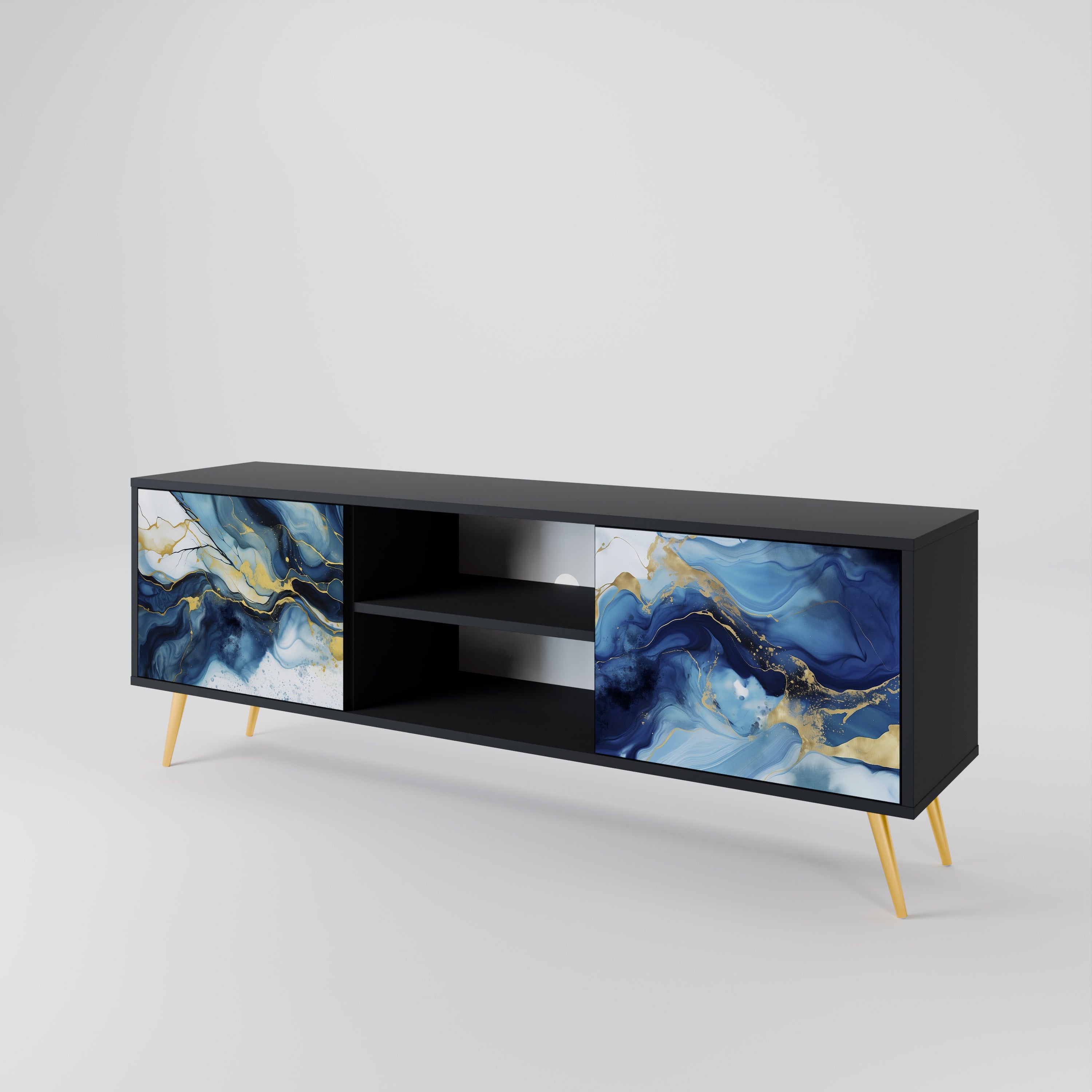 Mueble de TV de 2 puertas INKY MARBLE con acabado negro