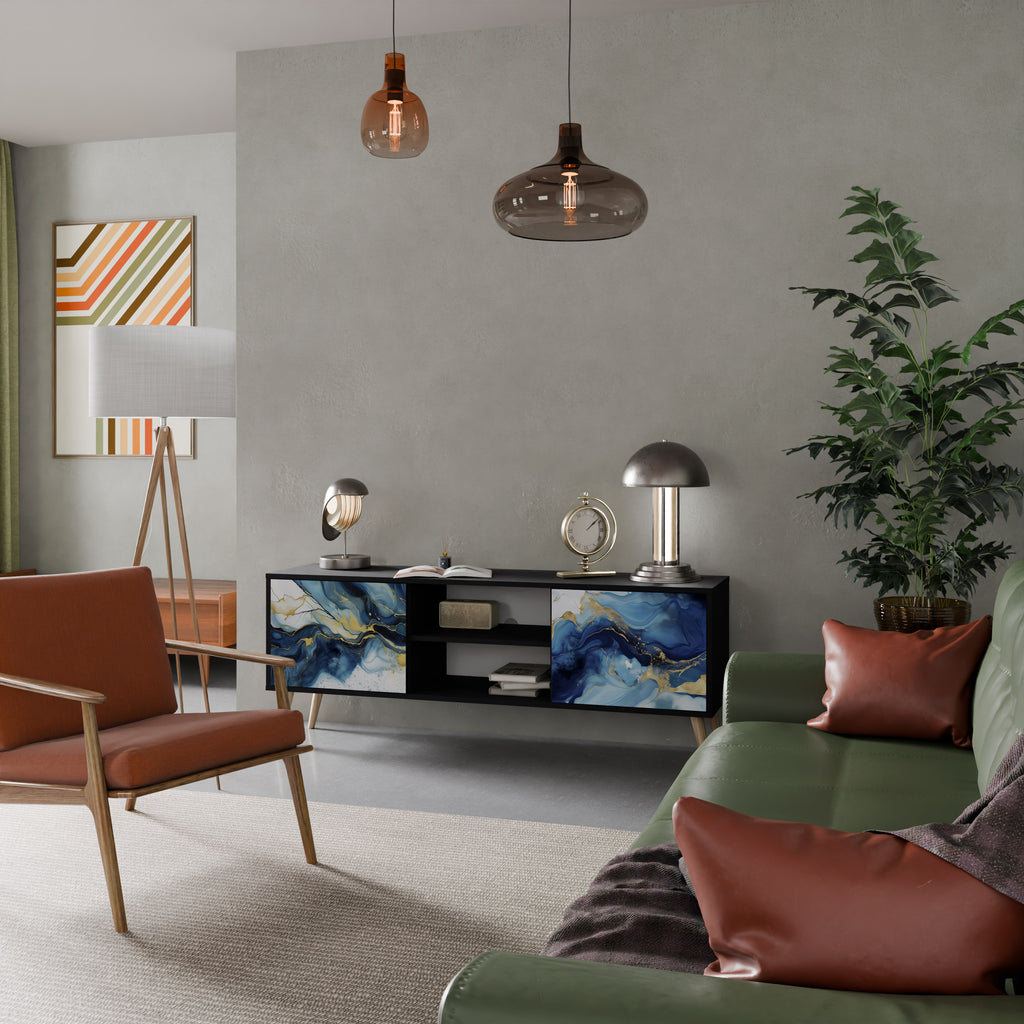 Mueble de TV de 2 puertas INKY MARBLE con acabado negro