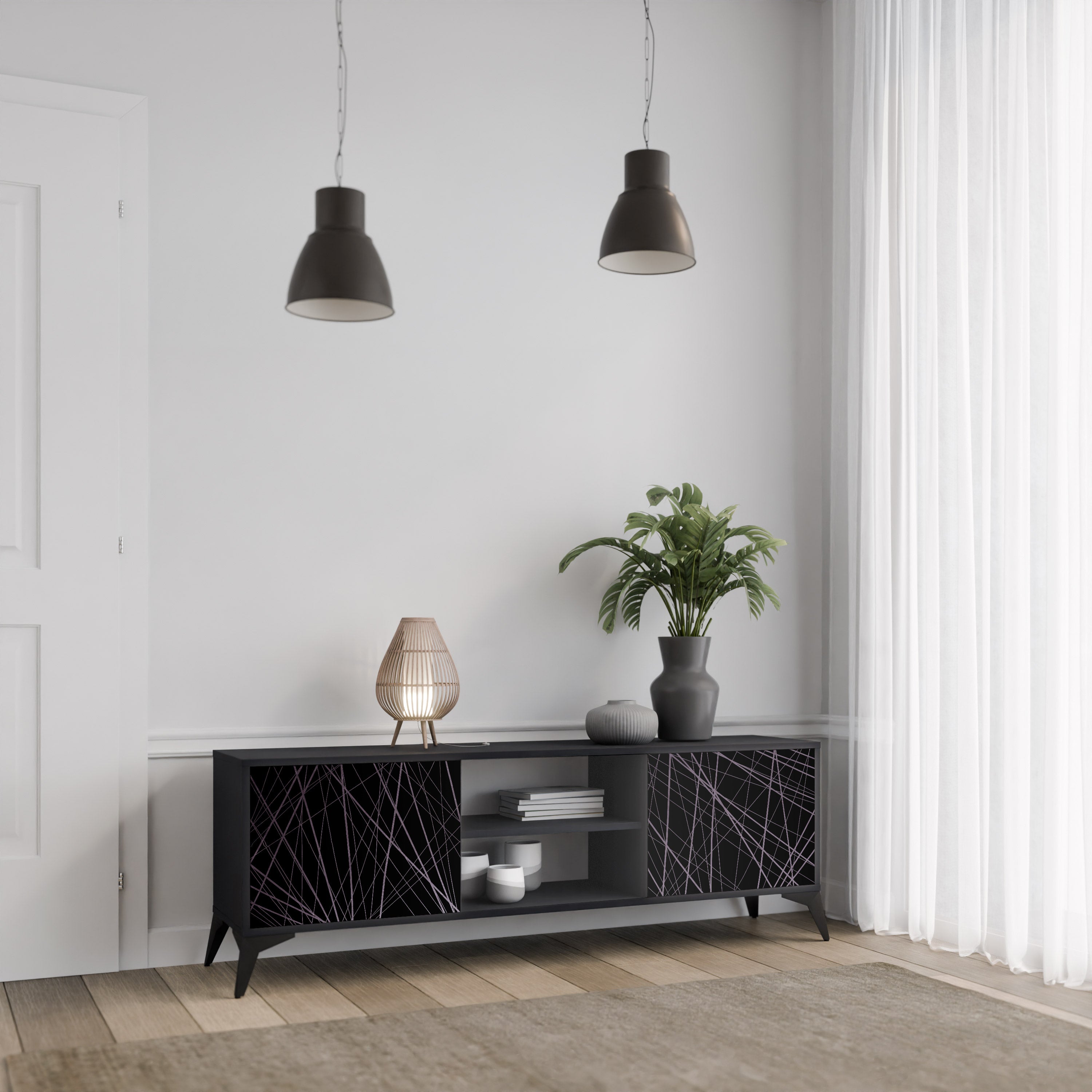 Mueble de TV de 2 puertas SHIMMER SPIDEGRAM con acabado negro