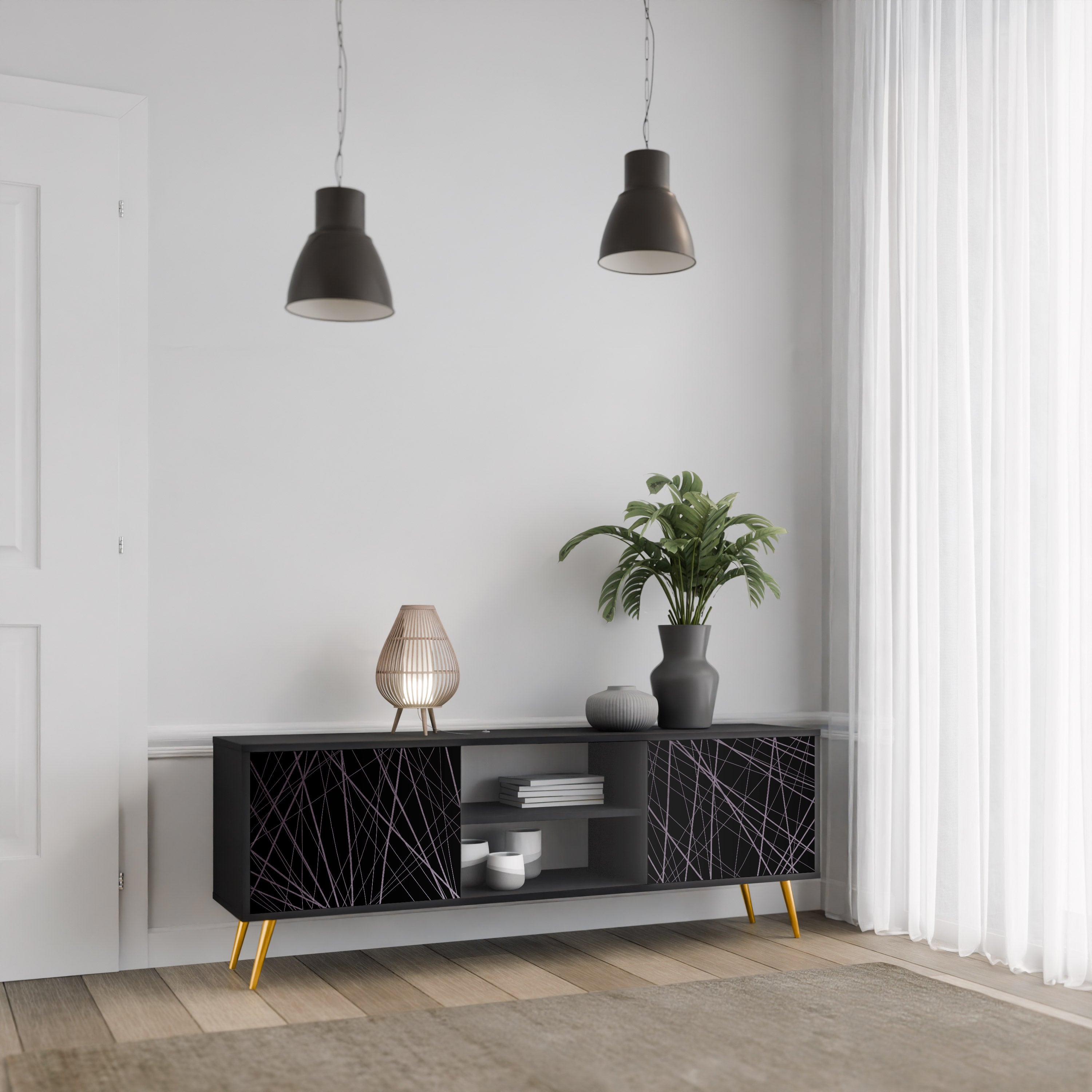 Mueble de TV de 2 puertas SHIMMER SPIDEGRAM con acabado negro