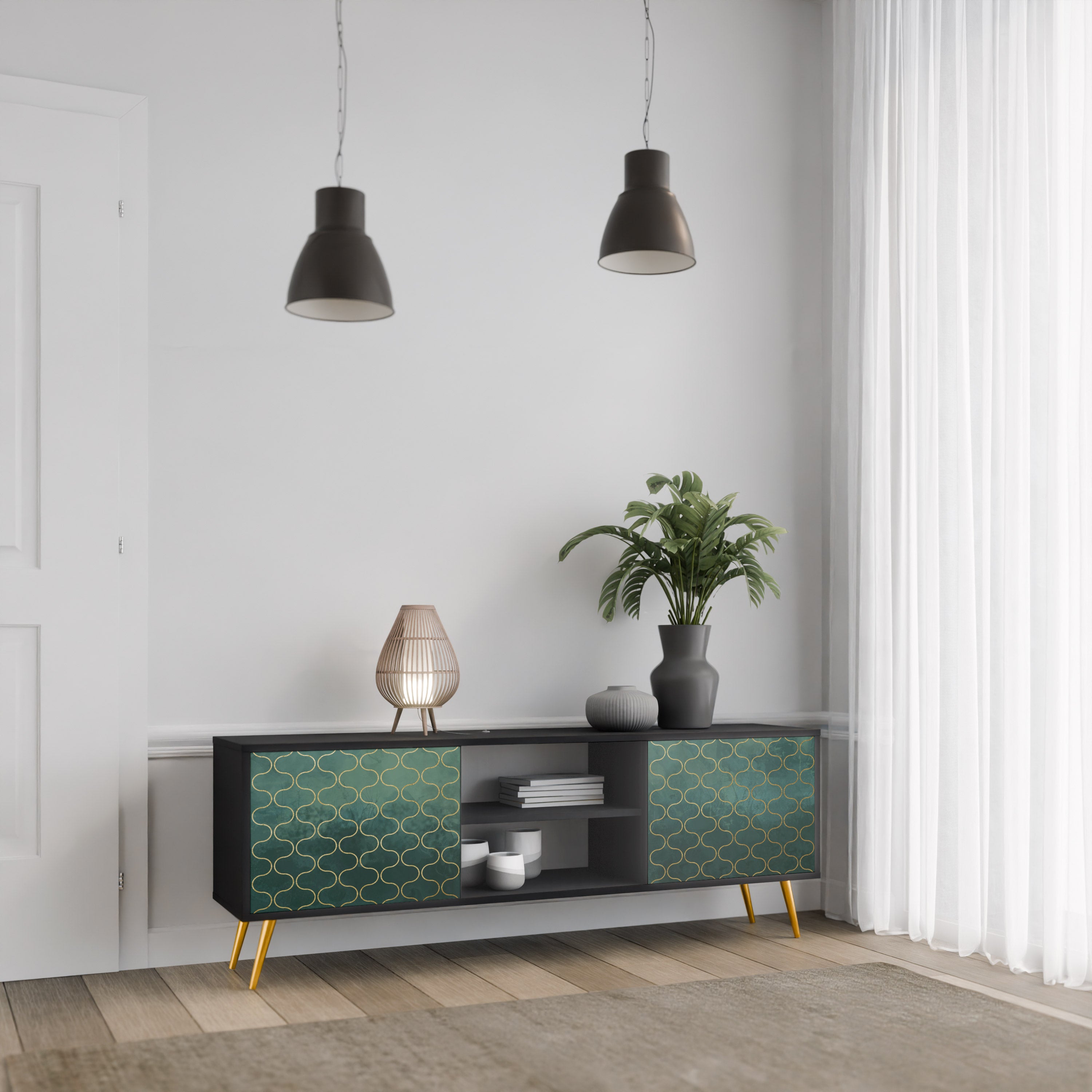 Mueble de TV de 2 puertas TESSELATED GREENERY en acabado negro