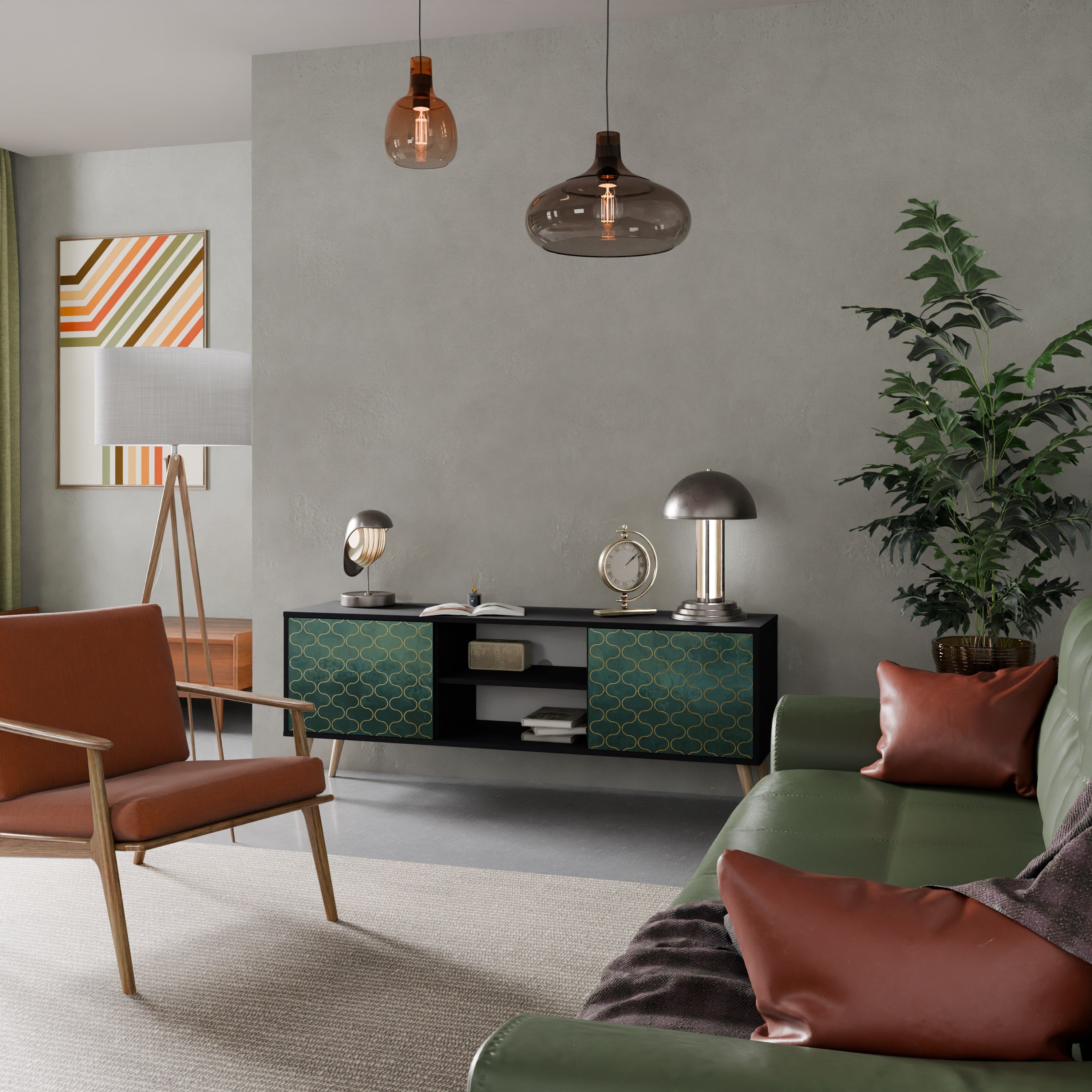 Mueble de TV de 2 puertas TESSELATED GREENERY en acabado negro