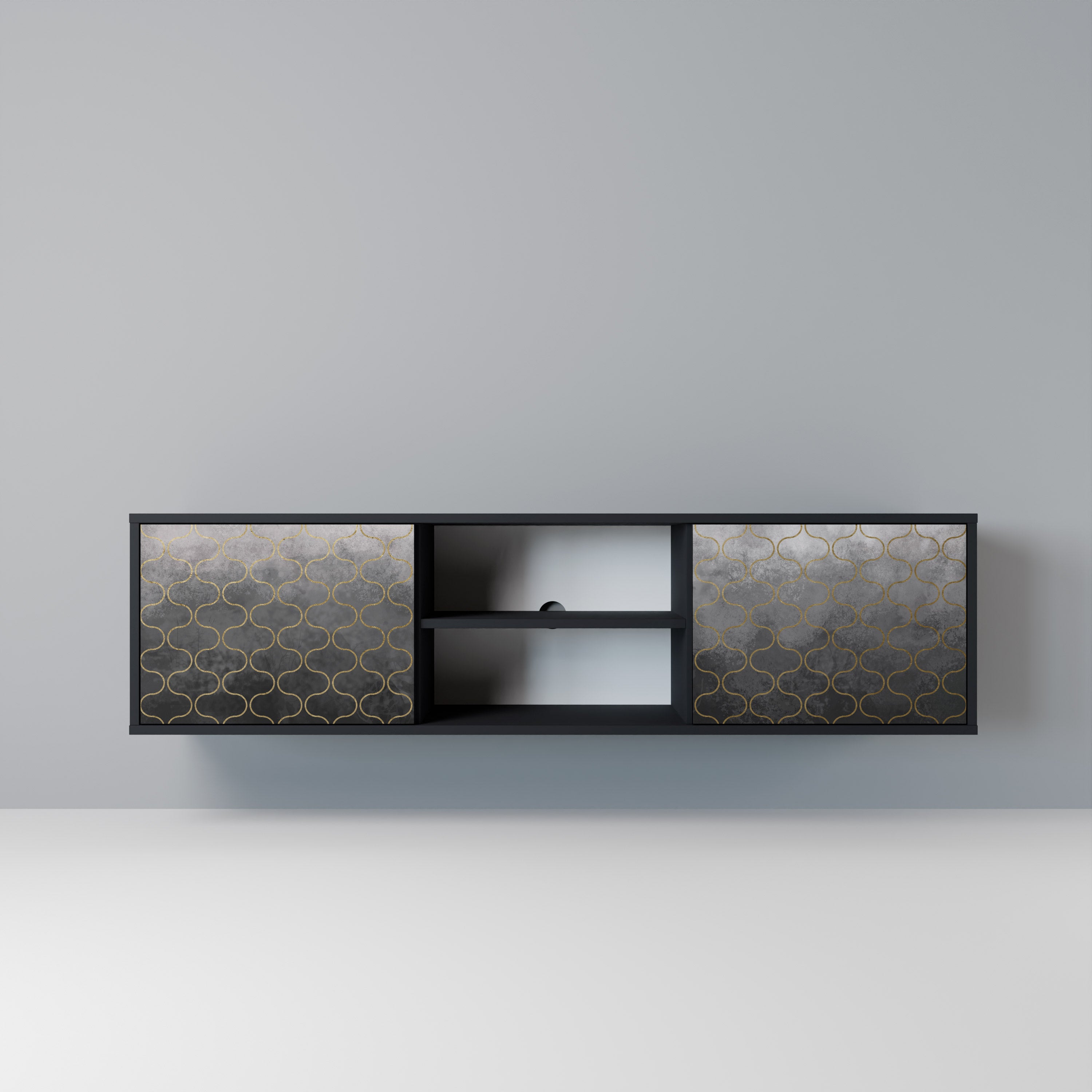 Mueble para TV de 2 puertas en color grisáceo teselado con acabado negro