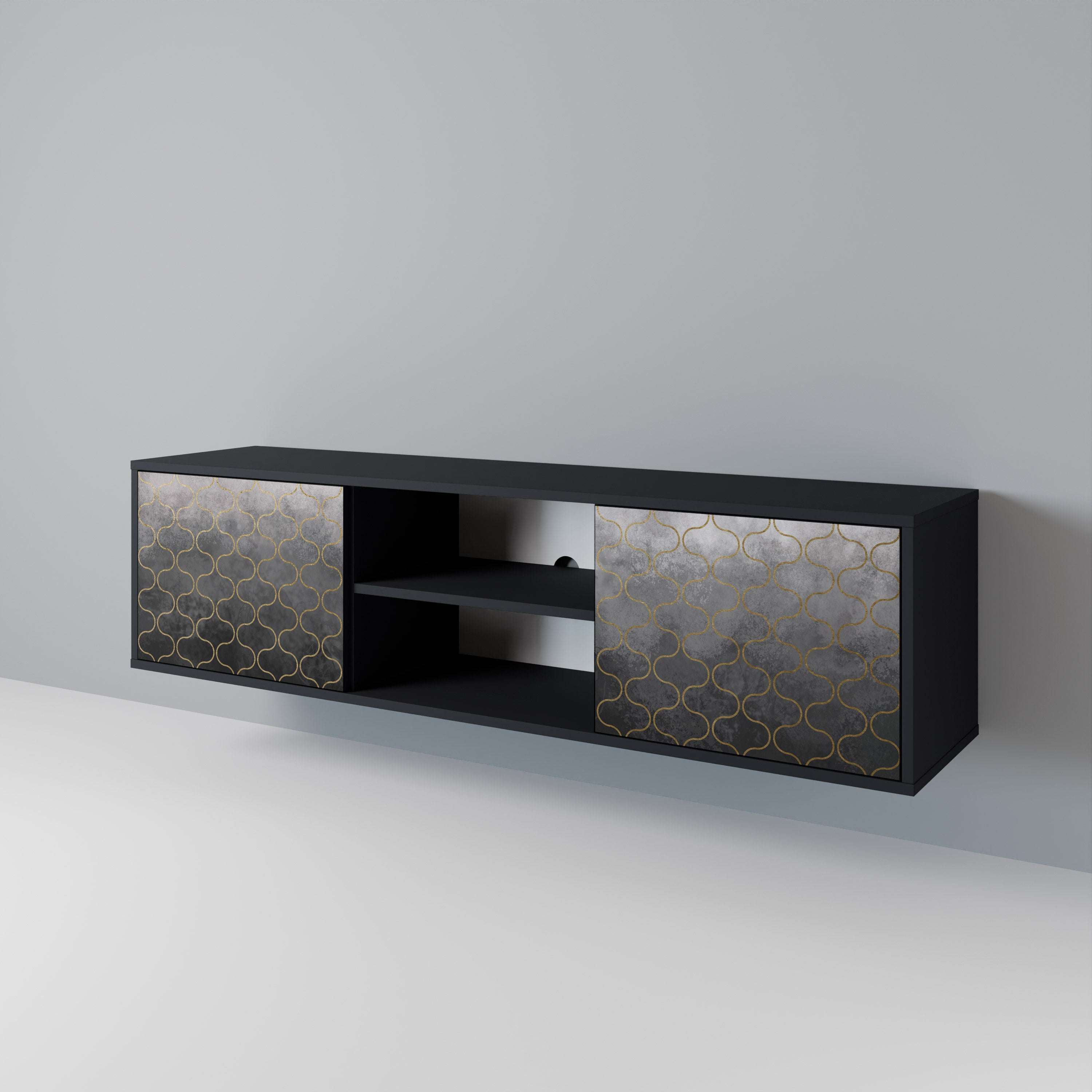 Mueble para TV de 2 puertas en color grisáceo teselado con acabado negro
