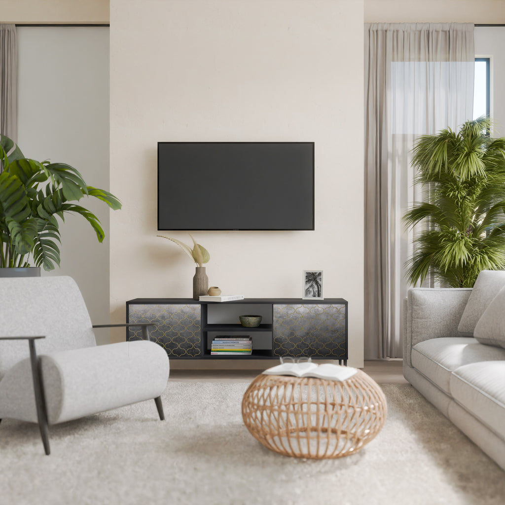 Mueble para TV de 2 puertas en color grisáceo teselado con acabado negro