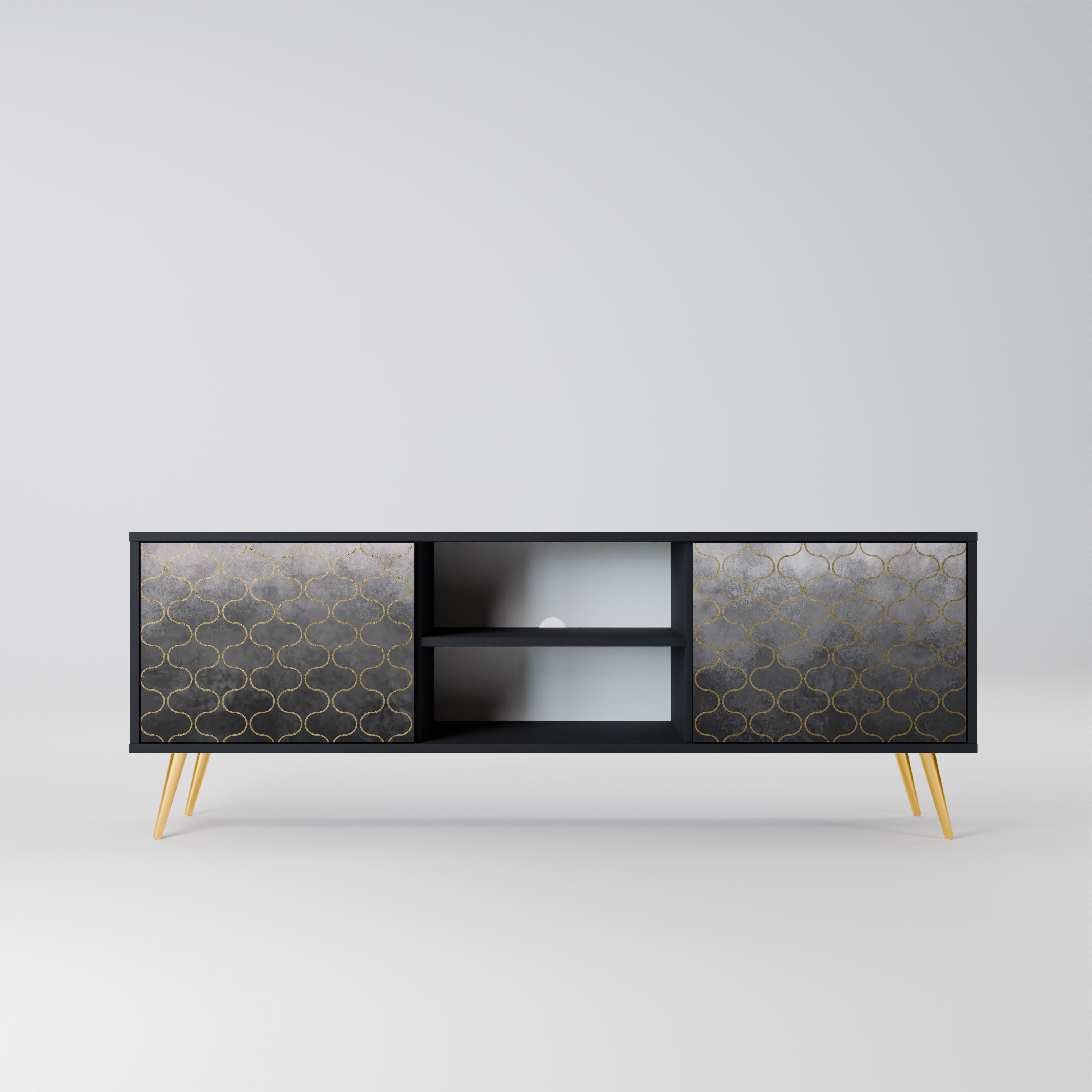 Mueble para TV de 2 puertas en color grisáceo teselado con acabado negro