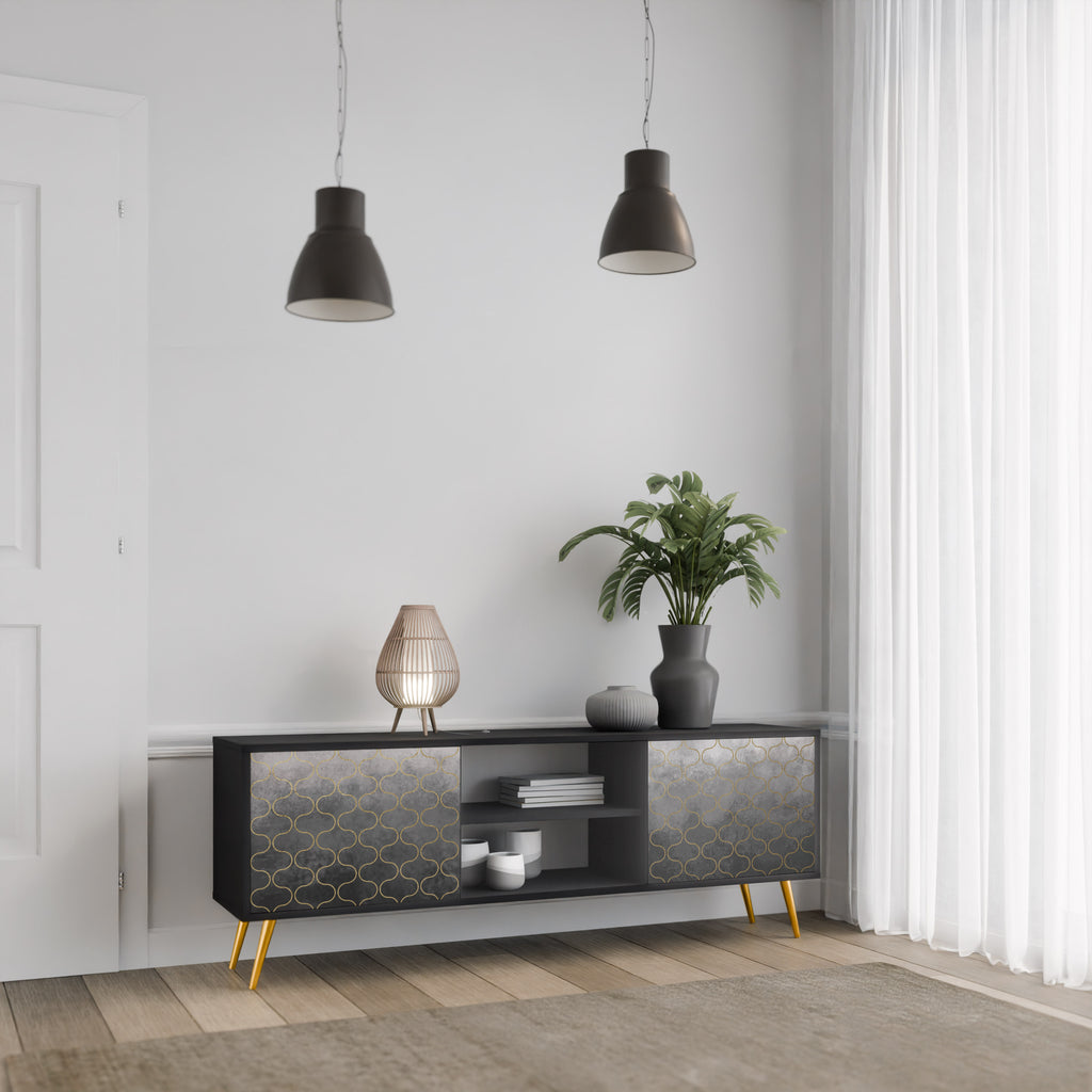 Mueble para TV de 2 puertas en color grisáceo teselado con acabado negro