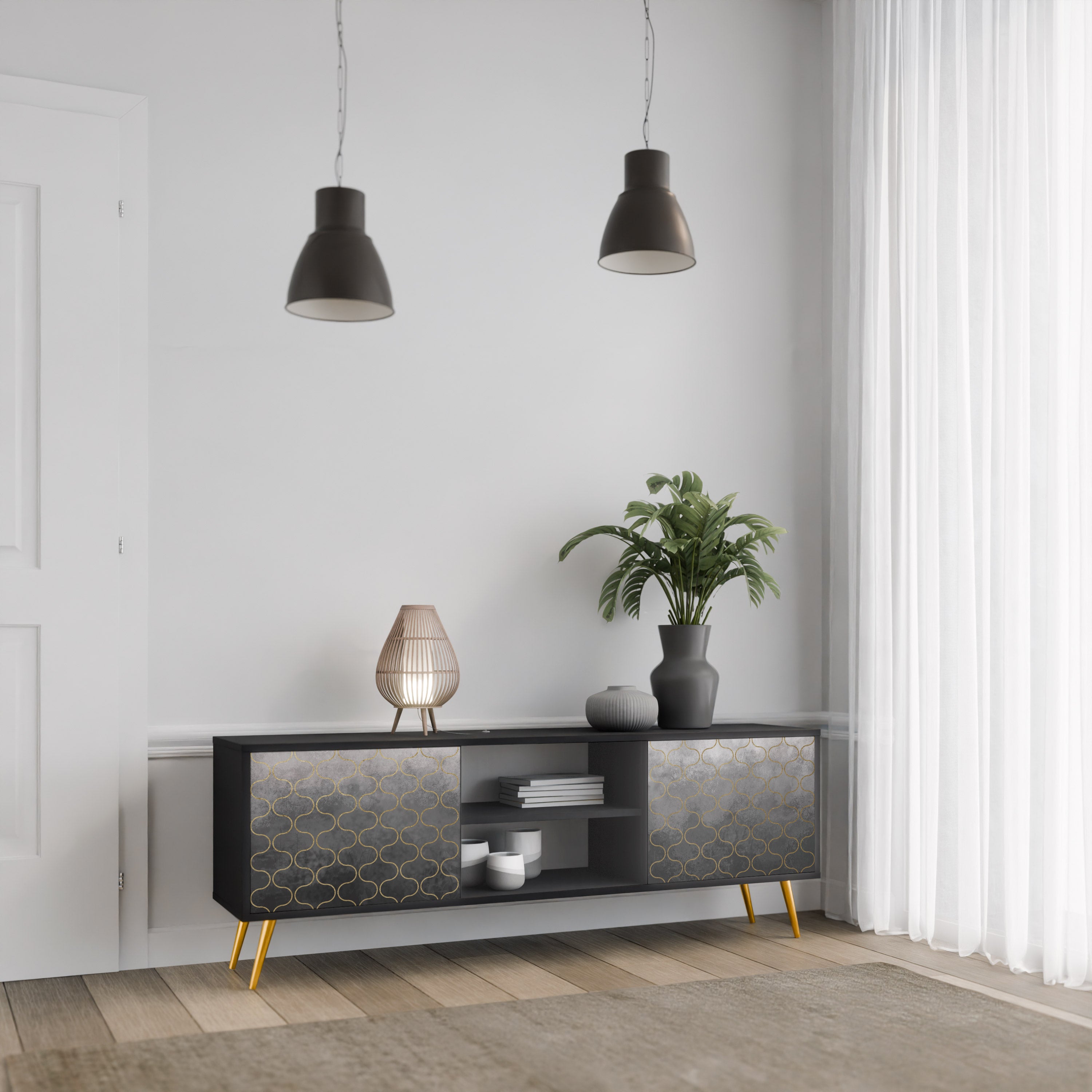 Mueble para TV de 2 puertas en color grisáceo teselado con acabado negro