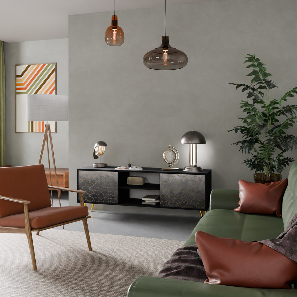 Mueble para TV de 2 puertas en color grisáceo teselado con acabado negro