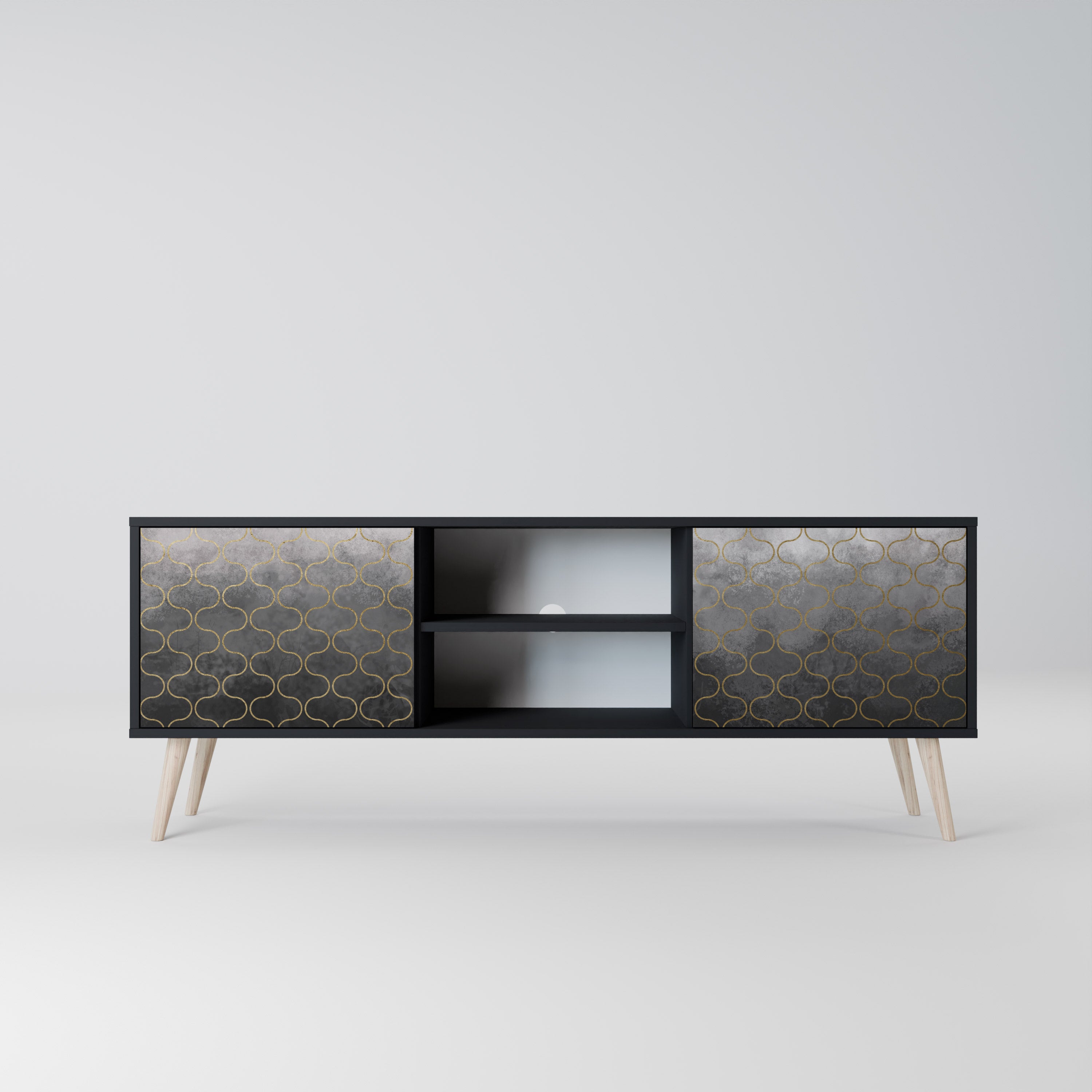 Mueble para TV de 2 puertas en color grisáceo teselado con acabado negro