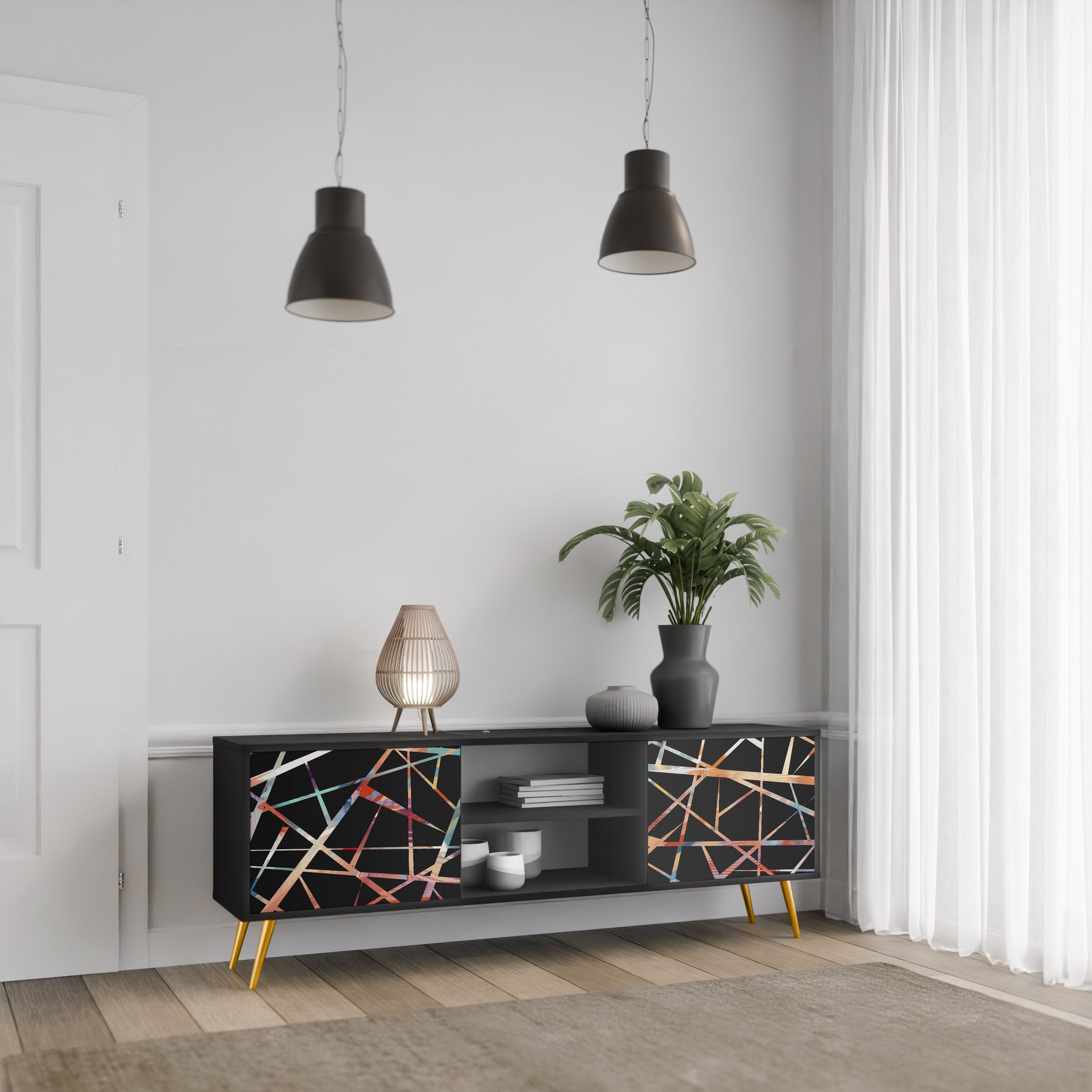 Mueble de TV de 2 puertas POLYGON VERVE con acabado negro