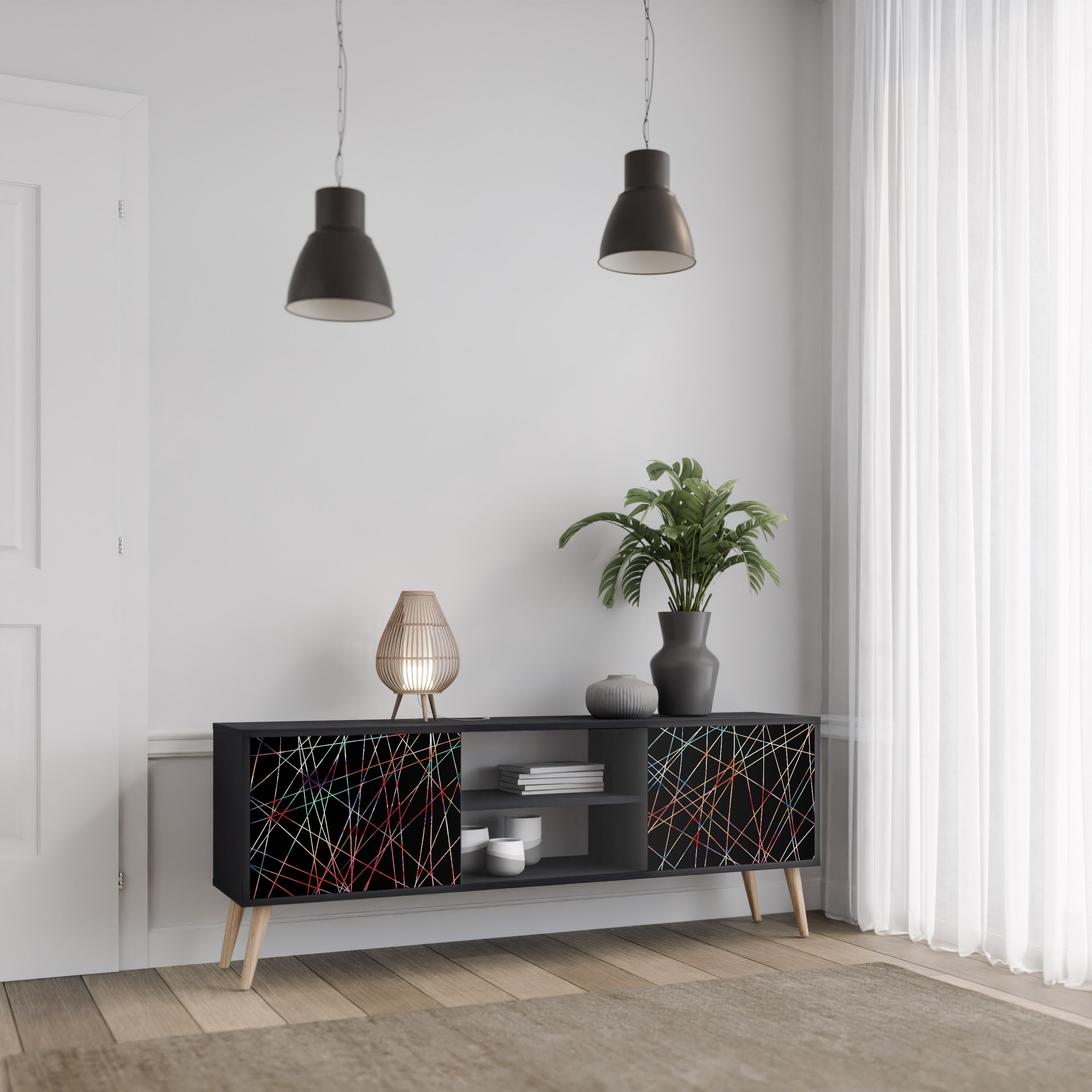 Mueble de TV de 2 puertas LUMINOUS SNARE con acabado negro