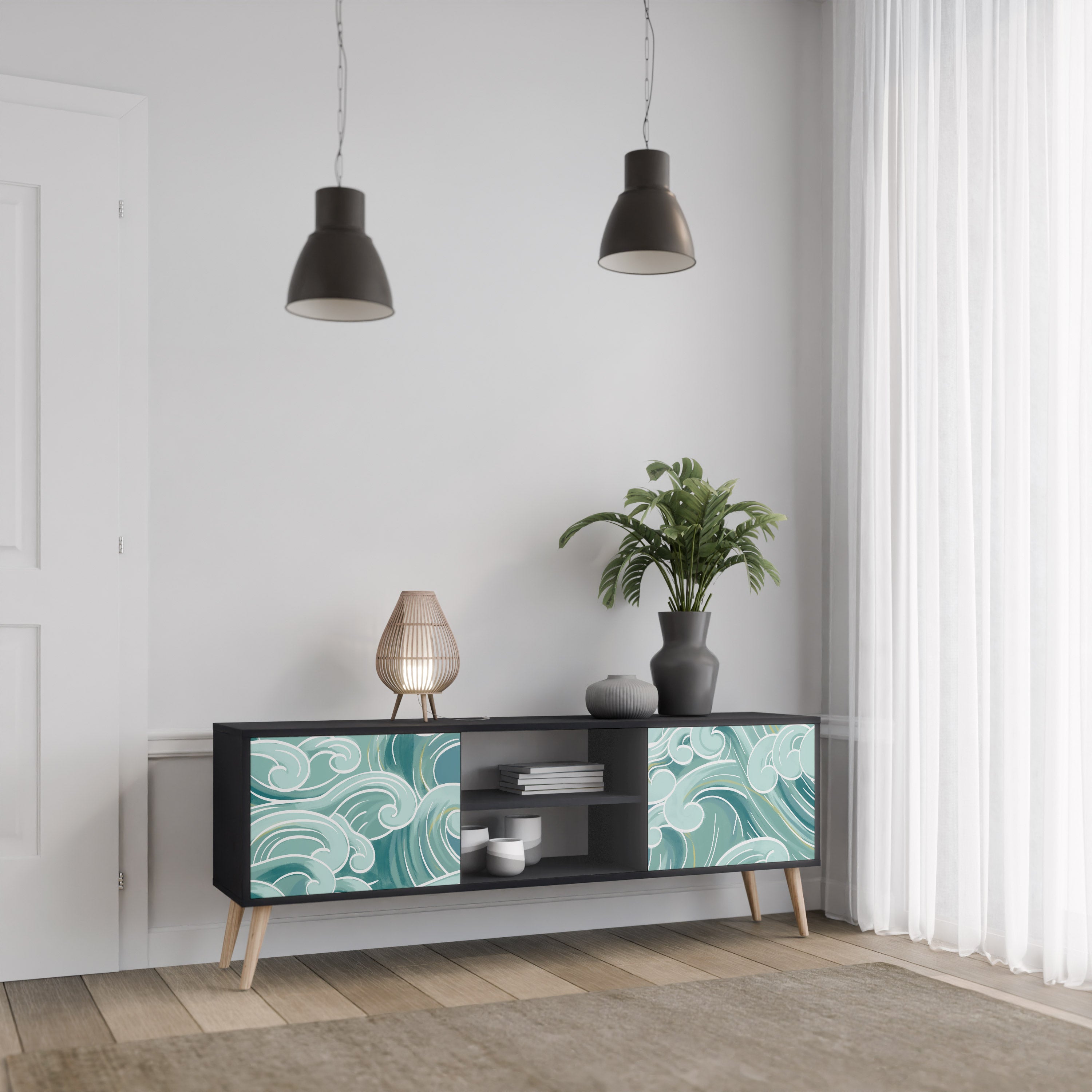 Mueble de TV ASIAN SWAY de 2 puertas con acabado negro