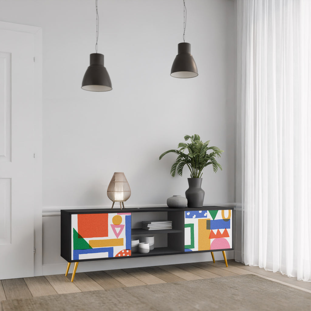 Mueble de TV de 2 puertas GEOMETRIC GLIMMER con acabado negro