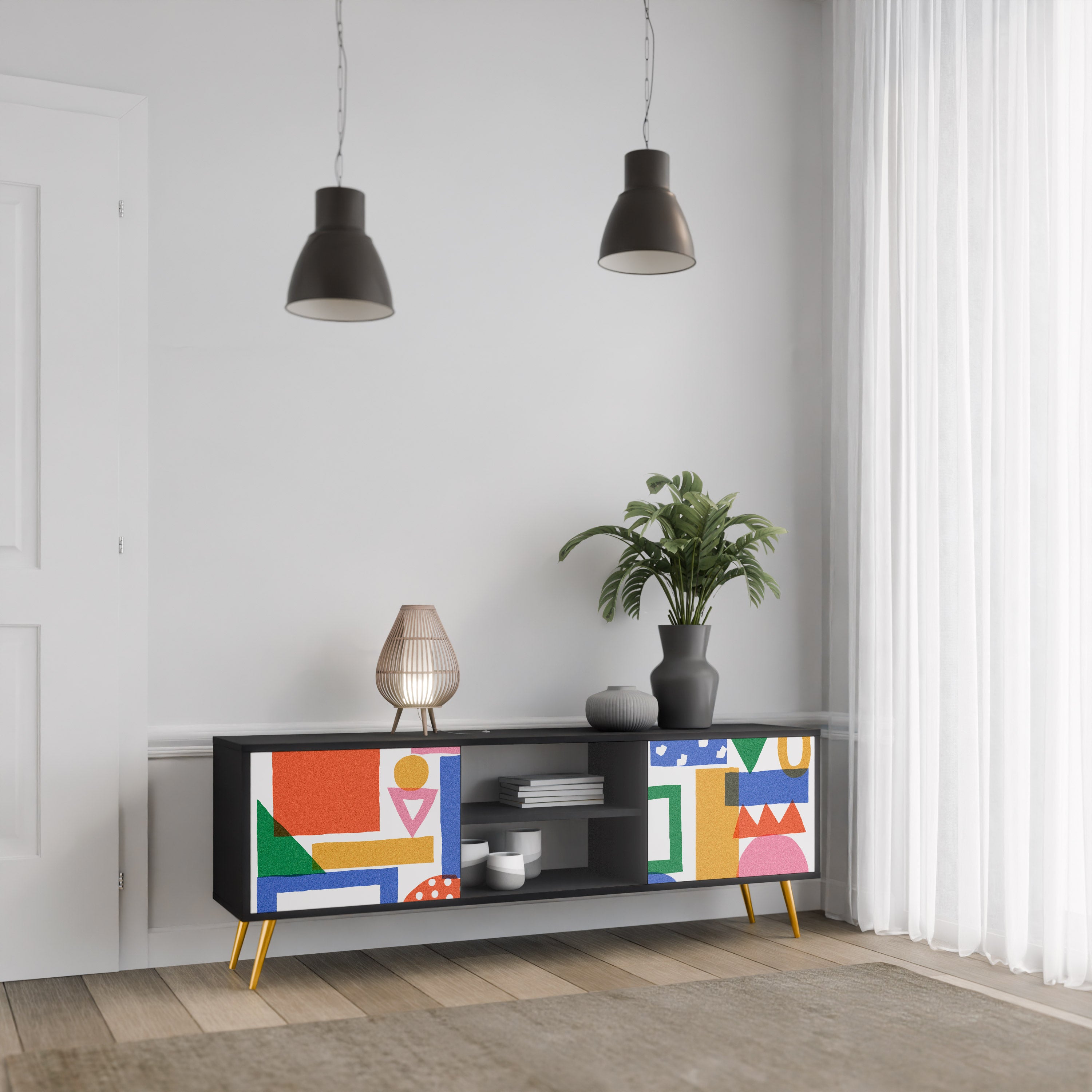 Mueble de TV de 2 puertas GEOMETRIC GLIMMER con acabado negro