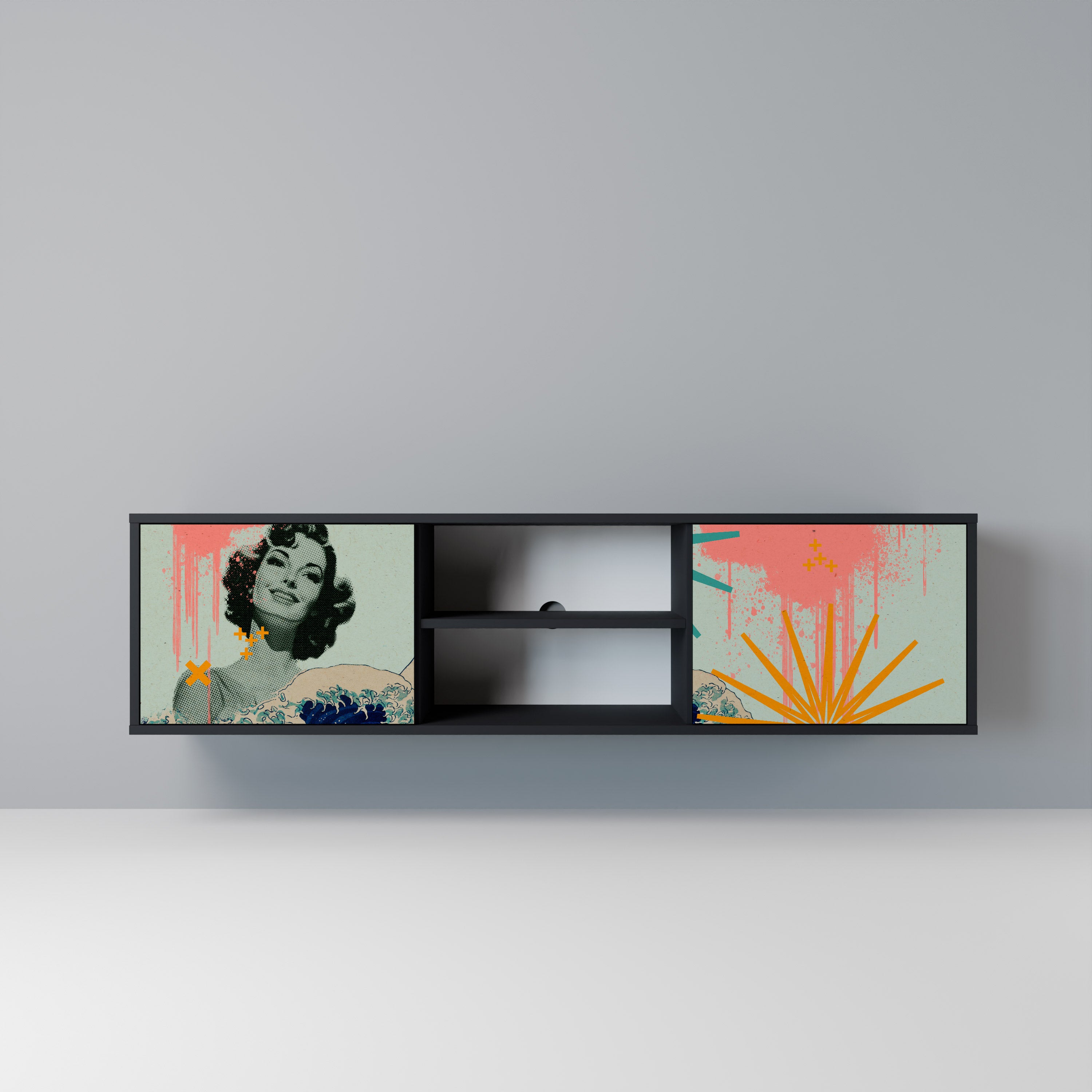 Mueble de TV de 2 puertas KANAGAWA BEAUTY con acabado negro